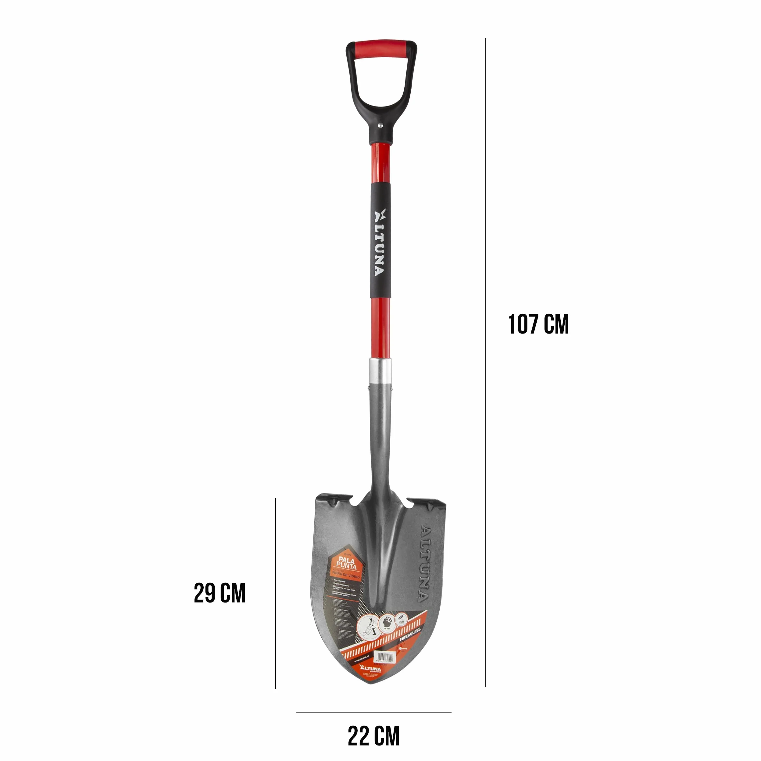 Łopatka ogrodnicza o wysokiej wytrzymałości - 25 x 29 x 105 cm - model profesjonalny - Ekstra mocna pojemność z uchwytem z włókna szklanego - Głowica kuta, idealna na budowę i rolnictwo - Altuna