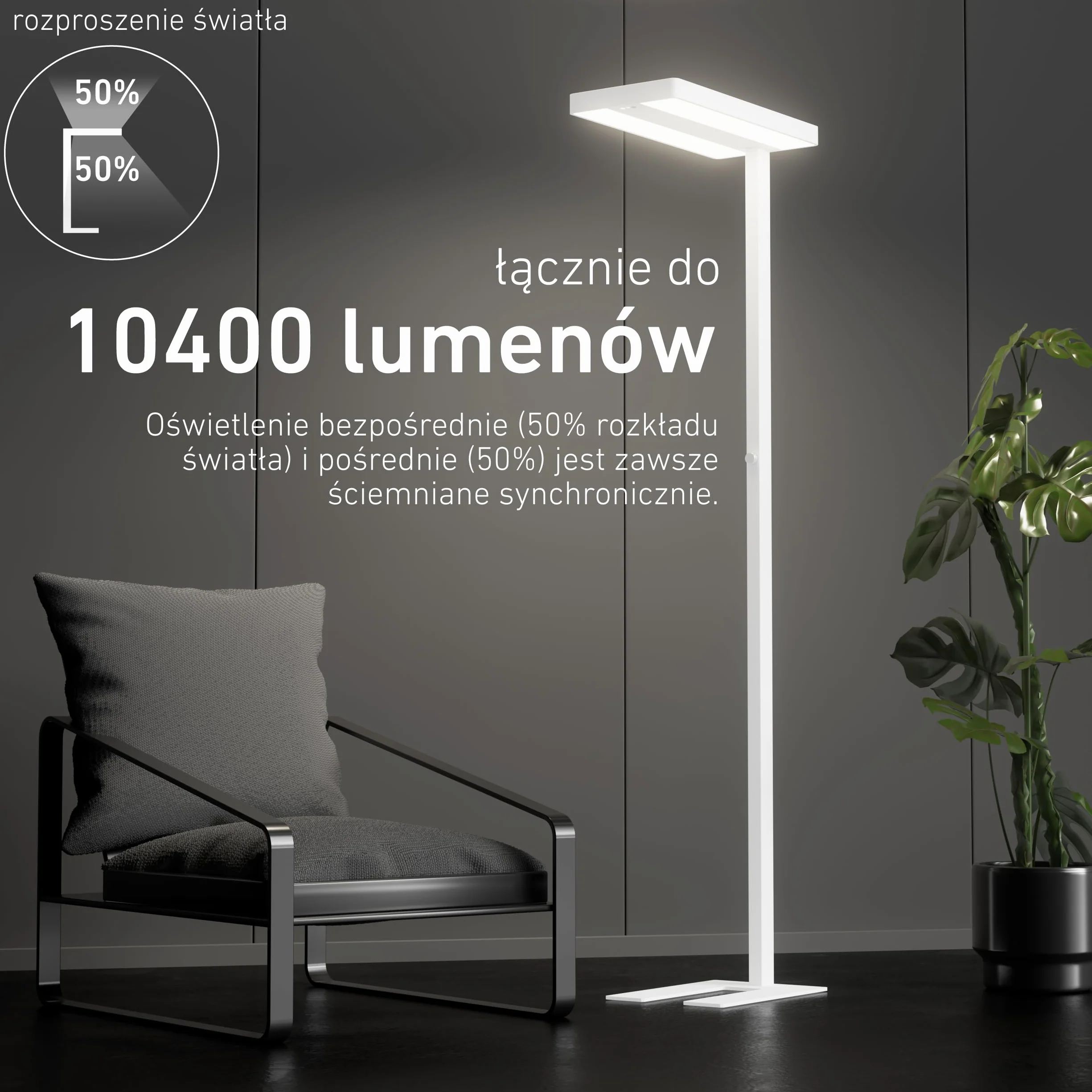 Oktaplex biurowa lampa stojąca Lyse ściemniana z czujnikiem neutralna biel 4000 K aluminiowa lampa stojąca 10400 lm światło dzienne reflektor sufitowy biały 80 W