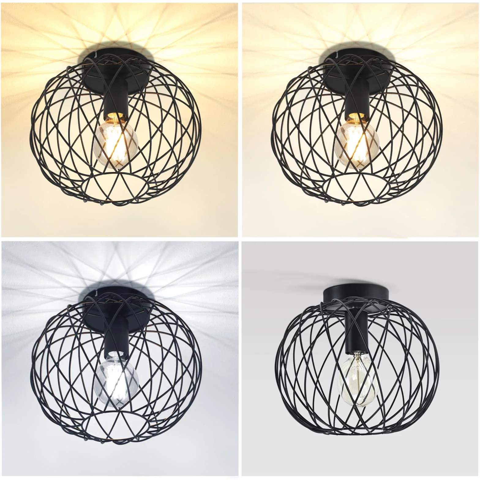 Glitzerlife Lampa sufitowa czarna lampa do korytarza industrialna 3ER | Lampa sufitowa E27 Vintage 1 płomień okrągły retro metalowy klosz lampa w kształcie klatki kratka jadalnia salon kuchnia