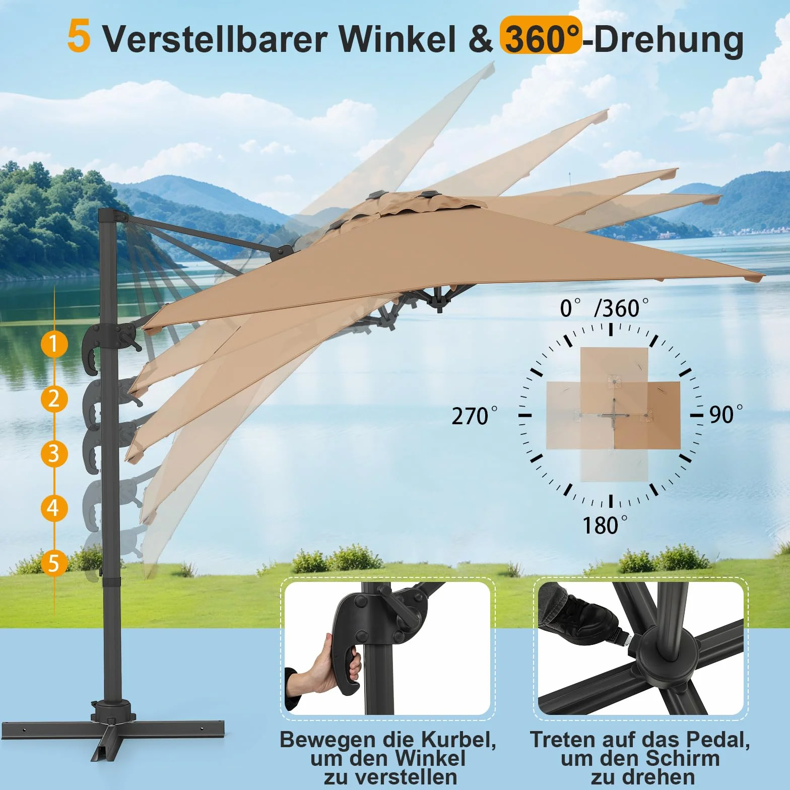 COSTWAY Parasol przeciwsłoneczny prostokątny 250x250 cm z korbą odchylany 360° ogrodowy tarasowy brązowy