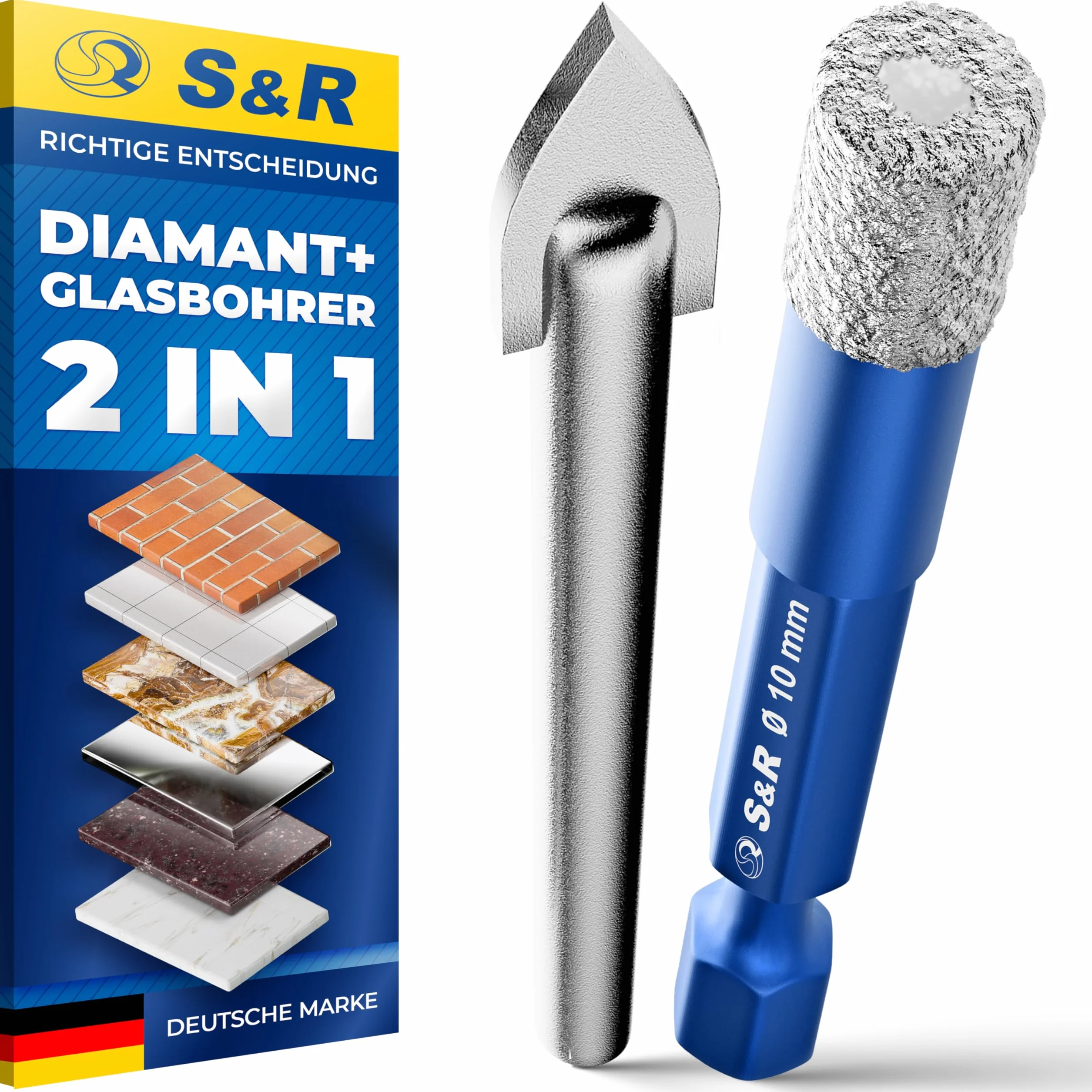 S&R Profesjonalny 2-częściowy zestaw wierteł diamentowych 10 mm, diamentowe wiertła do płytek i wiertła do szkła karbidowego, do twardej ceramiki, granitu, szkła, porcelany, płytek, gresu