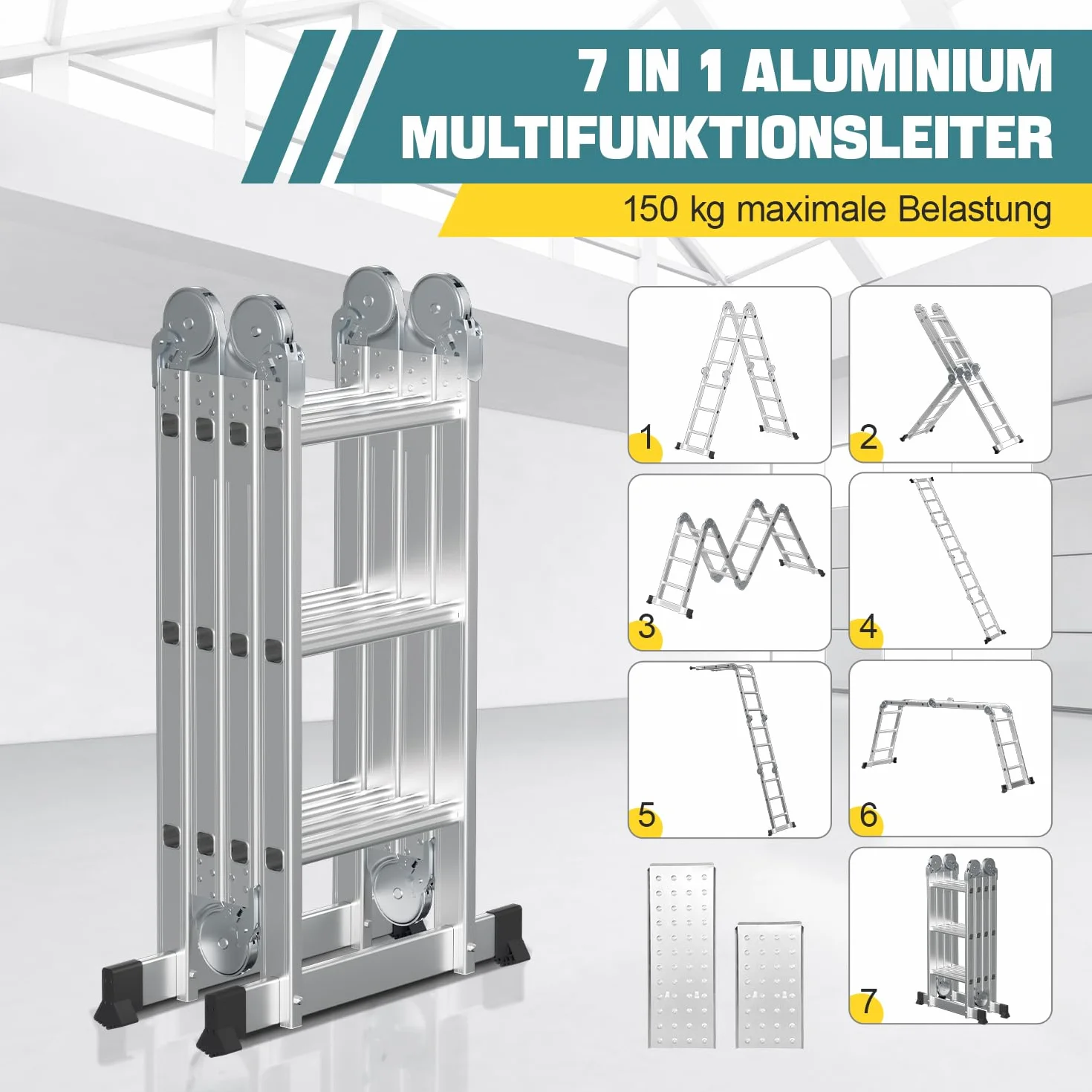 Aluminiowa drabina wielofunkcyjna 3,6 m, 4 x 3 stopnie, drabina wielofunkcyjna z platformą, aluminiowa drabina z 2 płytami rusztowania, składana drabina 16 stopni, drabina do 150 kg, srebrna