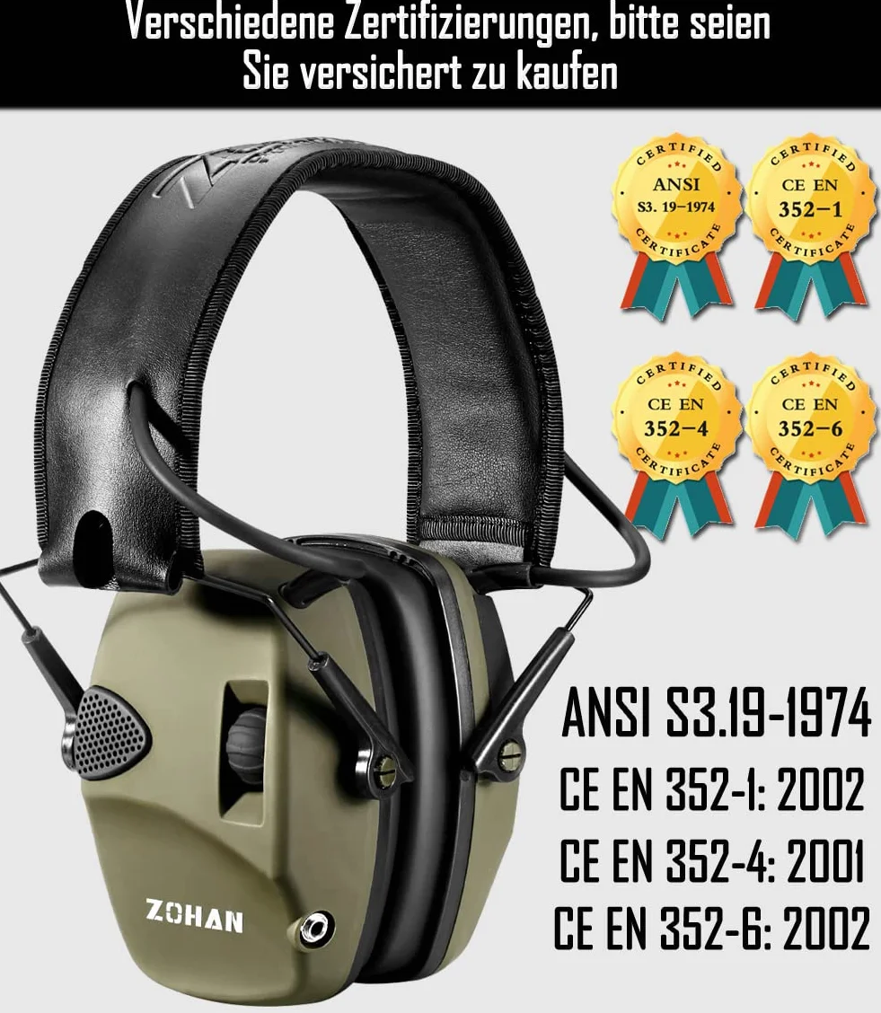 ZOHAN 054 Elektroniczne nauszniki ochronne na ucho, tłumiące hałas, podczas strzelania, NRR22 dB SNR 27 dB dynamiczna regulacja hałasu