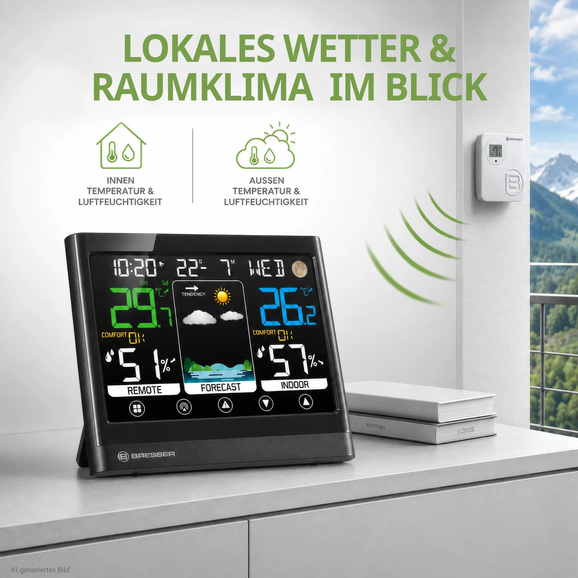 Bresser MeteoTemp BF radiowa stacja pogodowa z ekranem dotykowym, czujnikiem zewnętrznym, prognozą pogody, wskaźnikiem klimatu w pomieszczeniu, temperatury, wilgotności powietrza i odbiorem sygnału