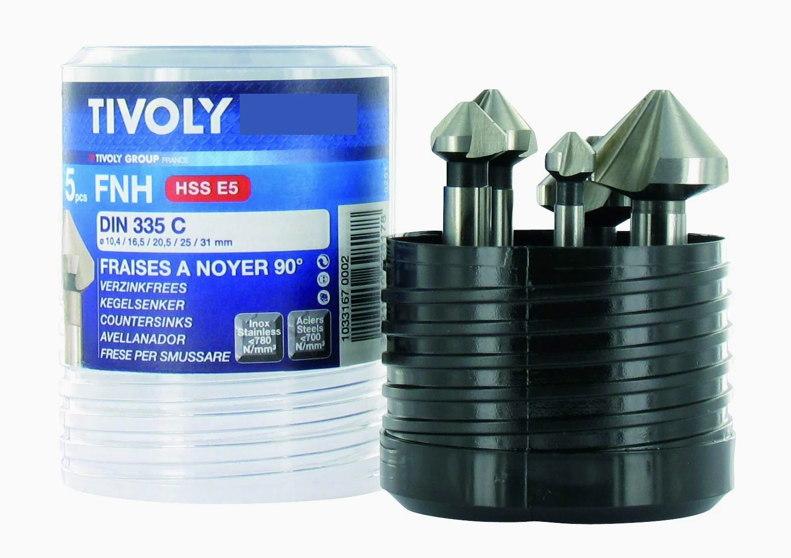 Tivoly 10331670002 FNH05 zestaw 5 żarów orzechowych DIN 335C HSS kobalt 5% do 90° średnica 10,4 do 31 mm