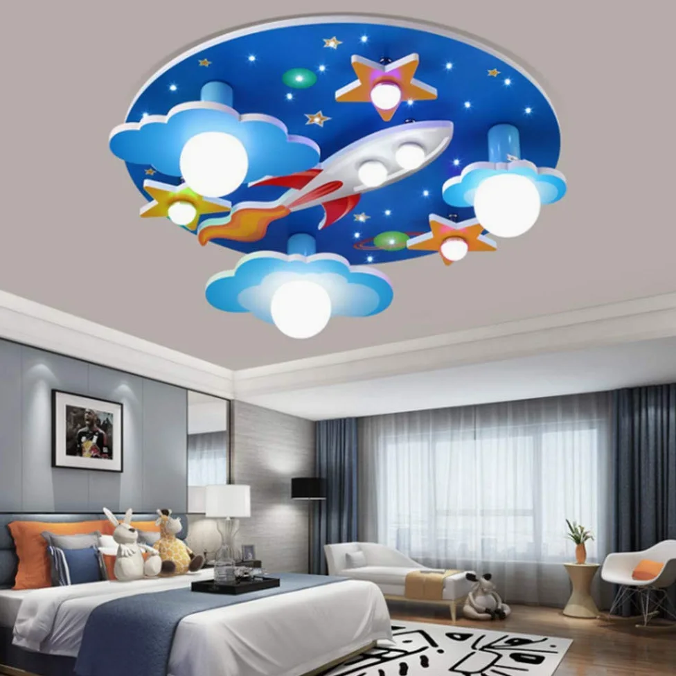 Universe rakieta lampa sufitowa gwiazda oświetlenie dziecięce E27 drewno rzemiosło szkło oświetlenie ultracienka lampa do holu biała lampa LED pokój dziecięcy sypialnia salon pokój dziecięcy kreskówka światła żyrandol