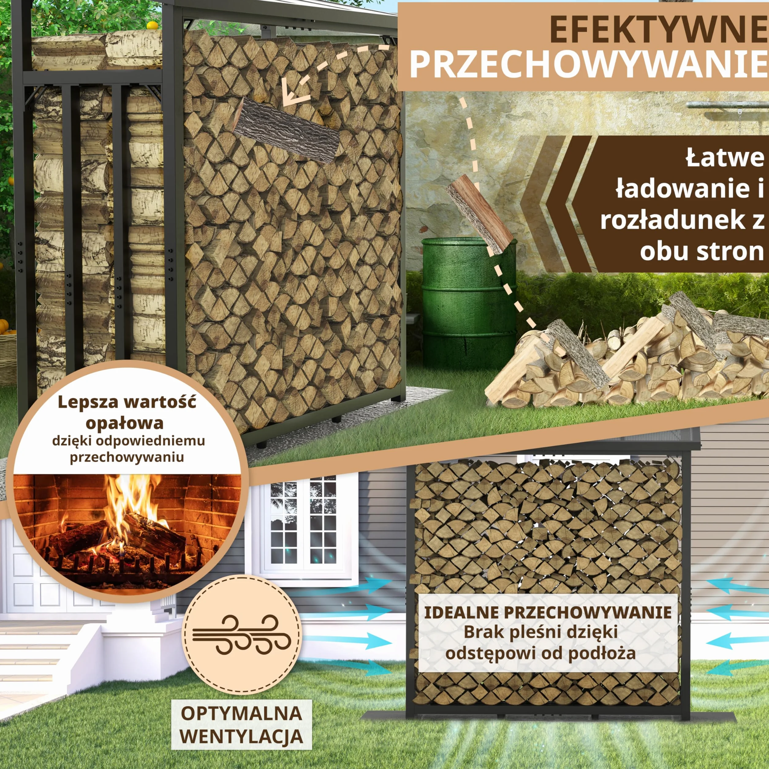 regał na drewno kominkowe, metalowy, z dachem, ocynkowany, 188 x 70 x 188 cm, 45 kg, 3 t, 3,3³ SRM, stojak na drewno kominkowe, stojak na drewno opałowe, na zewnątrz (czarny)