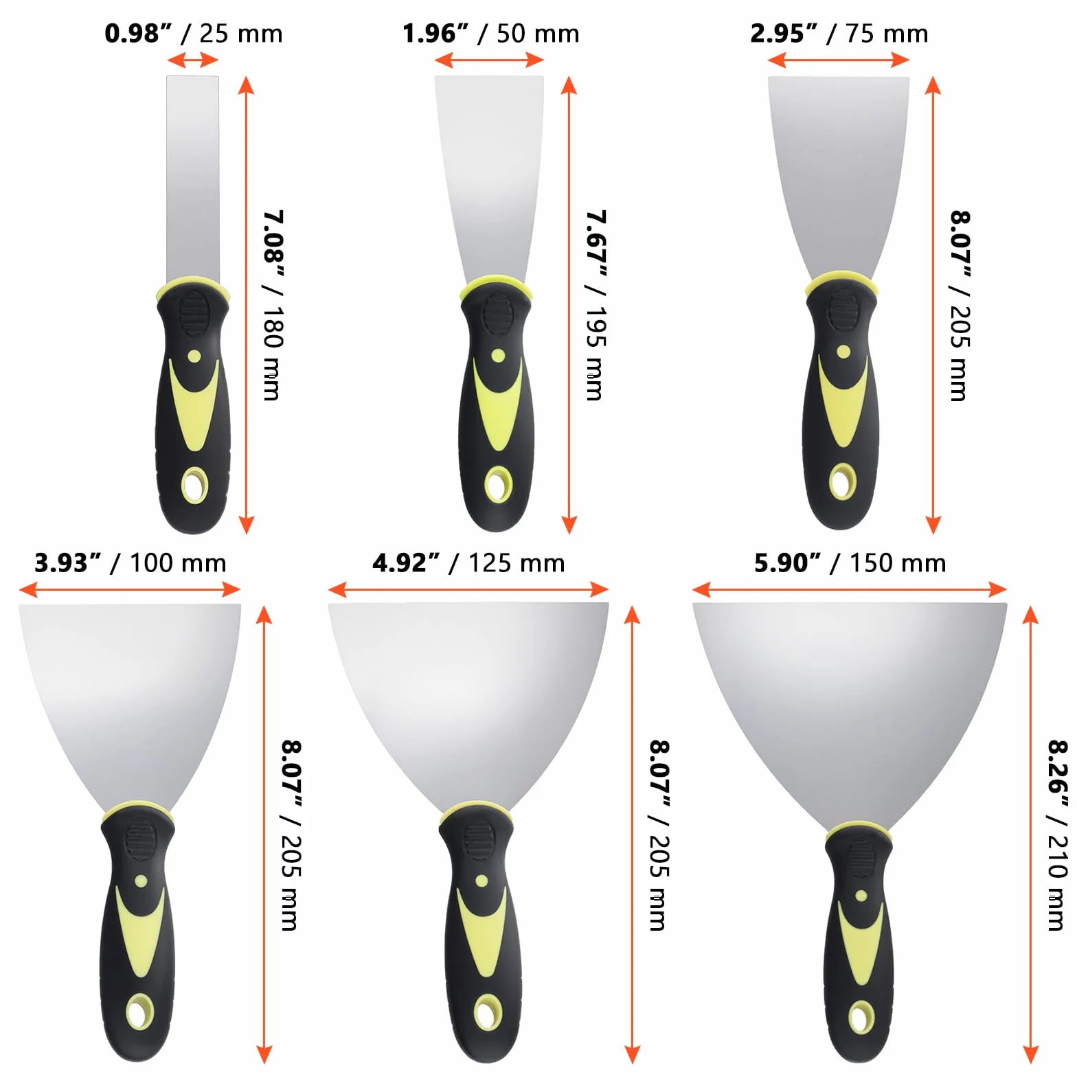 SINJEUN Zestaw 12 sztuk szpachli, szpachla do malowania z plastikowym uchwytem, 25 mm, 50 mm, 75 mm, 100 mm, 125 mm, 150 mm