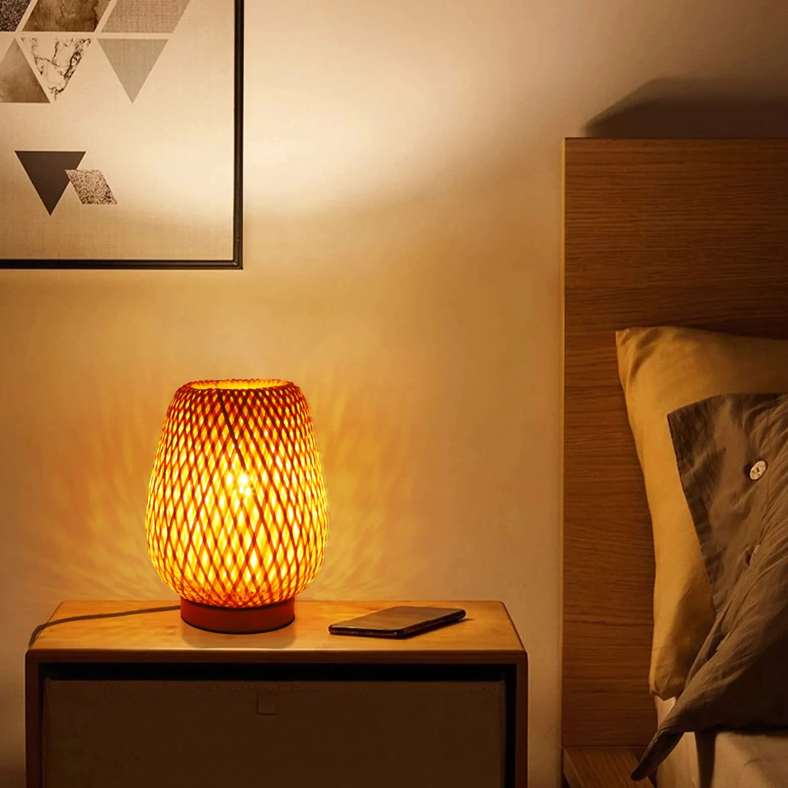 Boho bambusowa mała lampa stołowa wiklinowa tkana, lampy biurkowe do sypialni, nocna lampka do czytania, wystroju domu