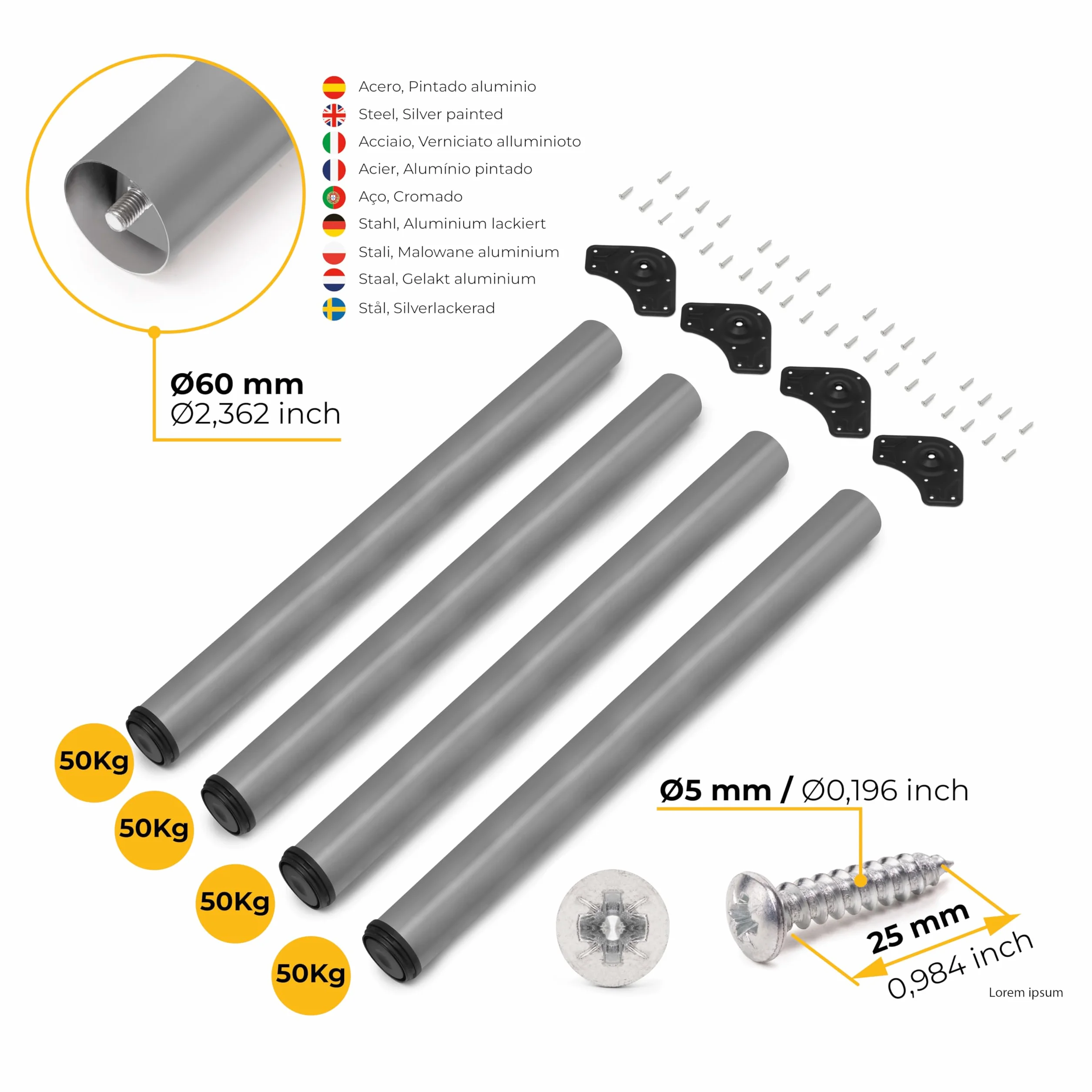 Emuca Regulowana noga stołowa Ø60x710mm, Zestaw 4 stalowych nóg, Regulowana wysokość 710-730mm, Wykończenie szare metalizowane