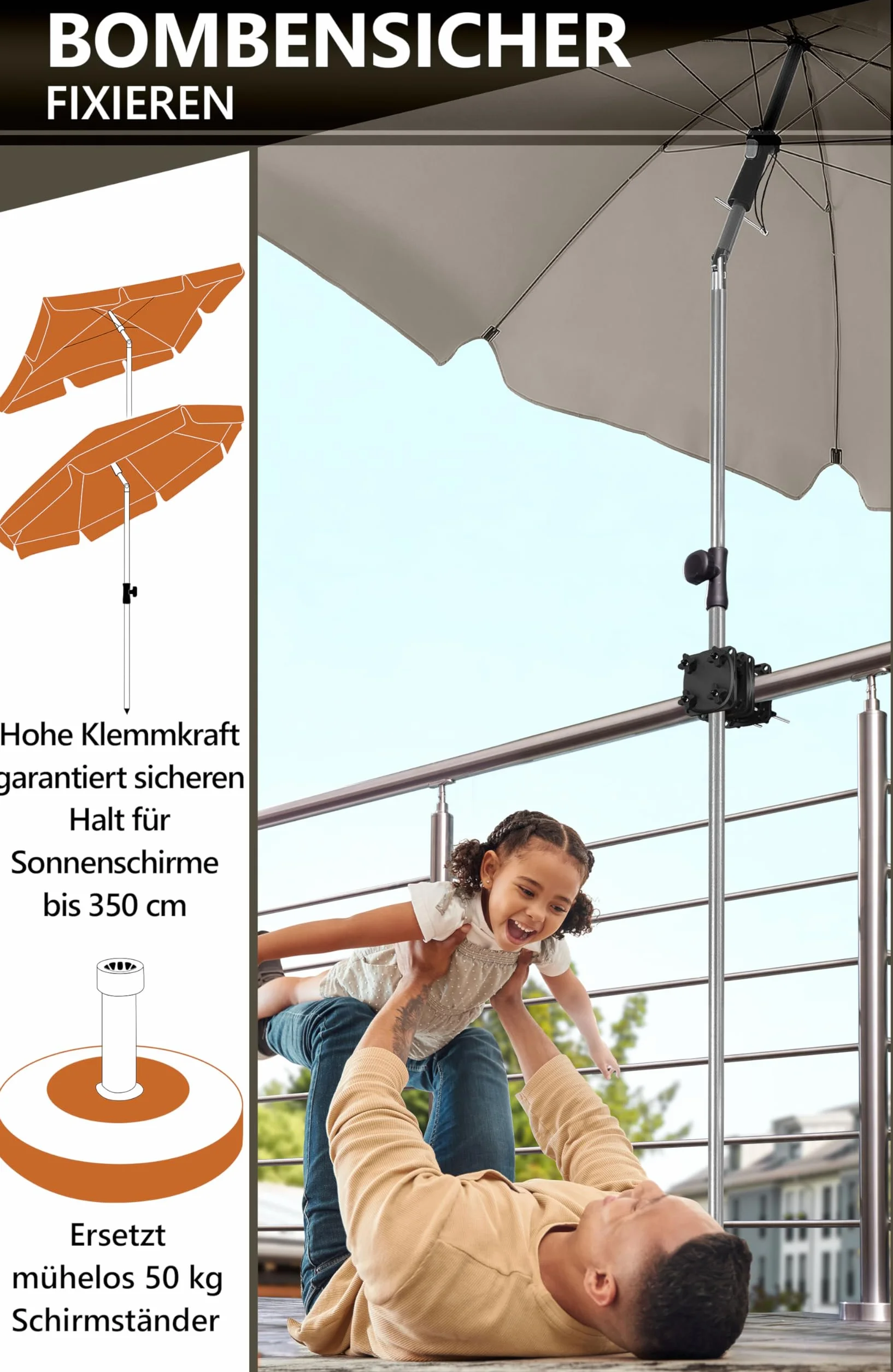 Uchwyt na parasol balkonowy Sunnyguy do 210x140cm prostokątny i okrągły do 270cm