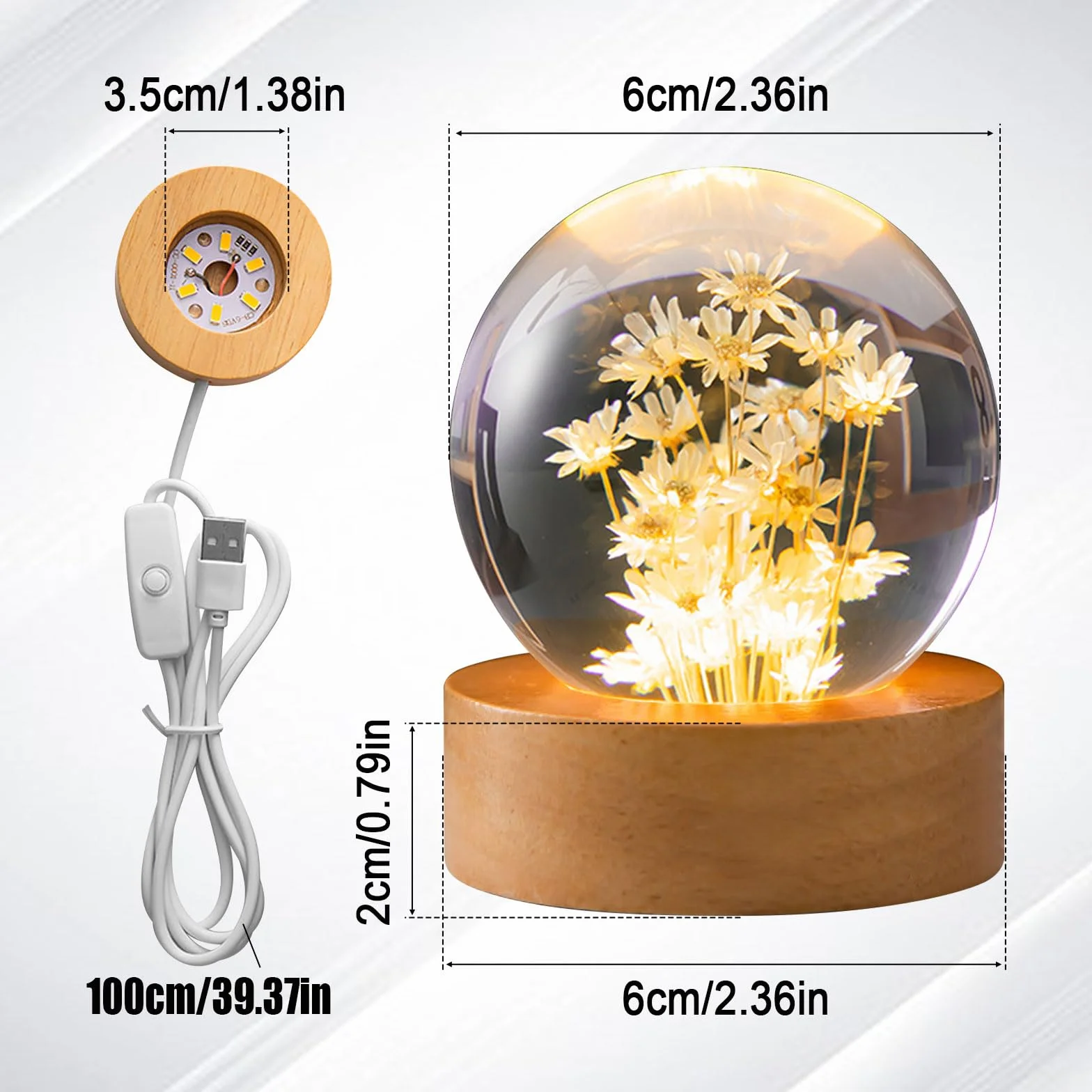 Kryształowa kula nocna, 6 cm, szklana kula z drewnem z podstawą LED, ładowanie USB, lampka nocna ze stojakiem (żółte stokrotki)