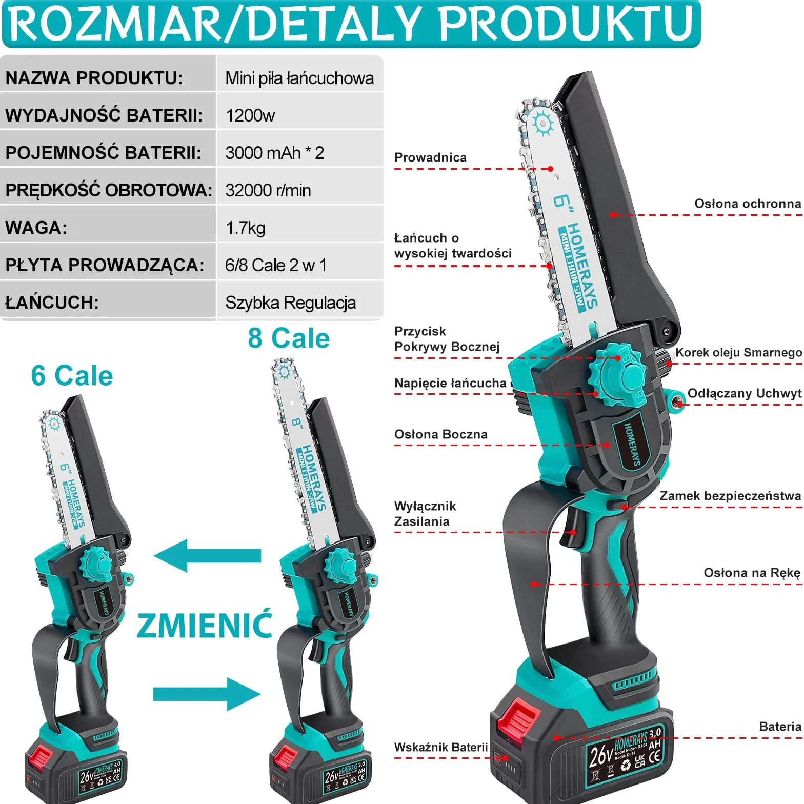Mini piła łańcuchowa akumulatorowa 6000mAh 8 cali 6 cali bezszczotkowa z automatyczną olejarką
