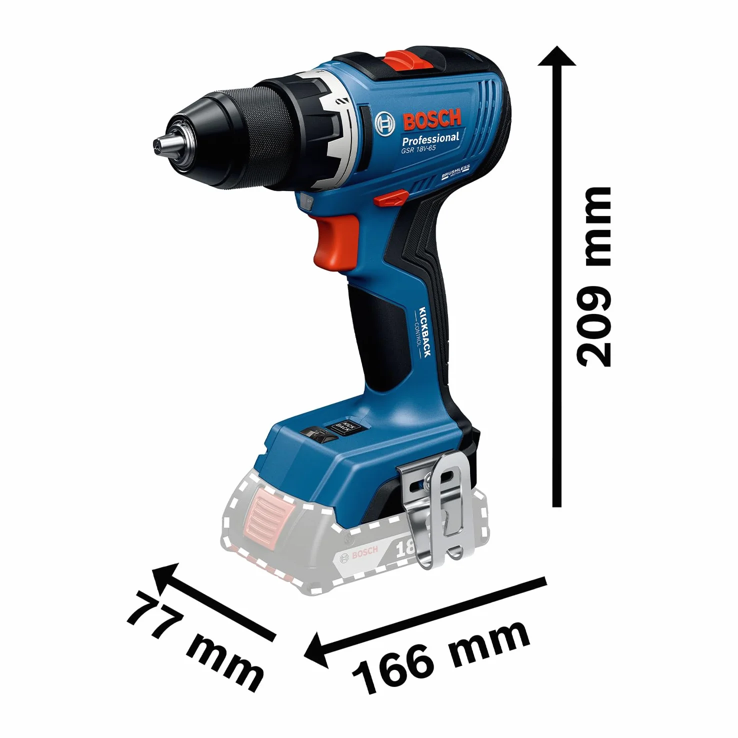 Bosch Professional 18 V firmy Bosch: wiertarko-wkrętarka akumulatorowa GSR 18V-65 (silnik bezszczotkowy, długość korpus 166 mm)