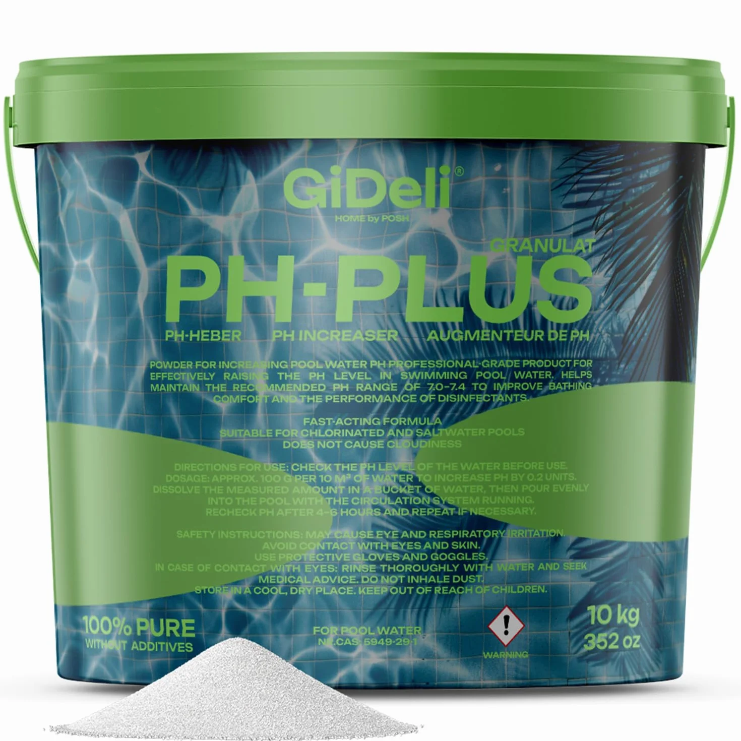 Granulat pH Plus 10 kg w wiaderku, średnia wartość pH w basenie, płyn do pielęgnacji wody z hydromasażem, do krystalicznie czystej wody, idealny do wszystkich rodzajów basenów, łatwe dozowanie ph+