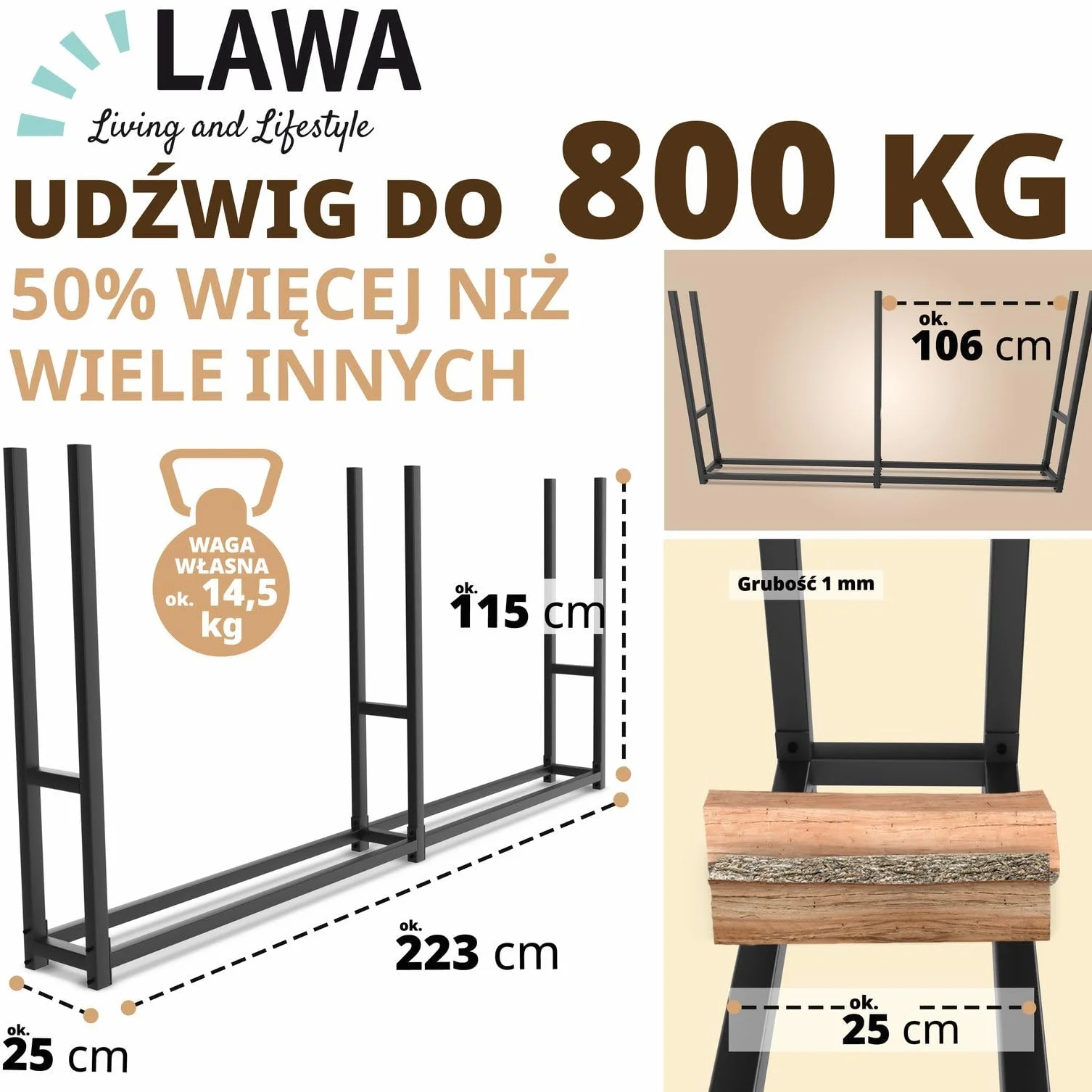 Metalowy stojak na drewno opałowe 223 x 25 x 115 800kg malowany proszkowo