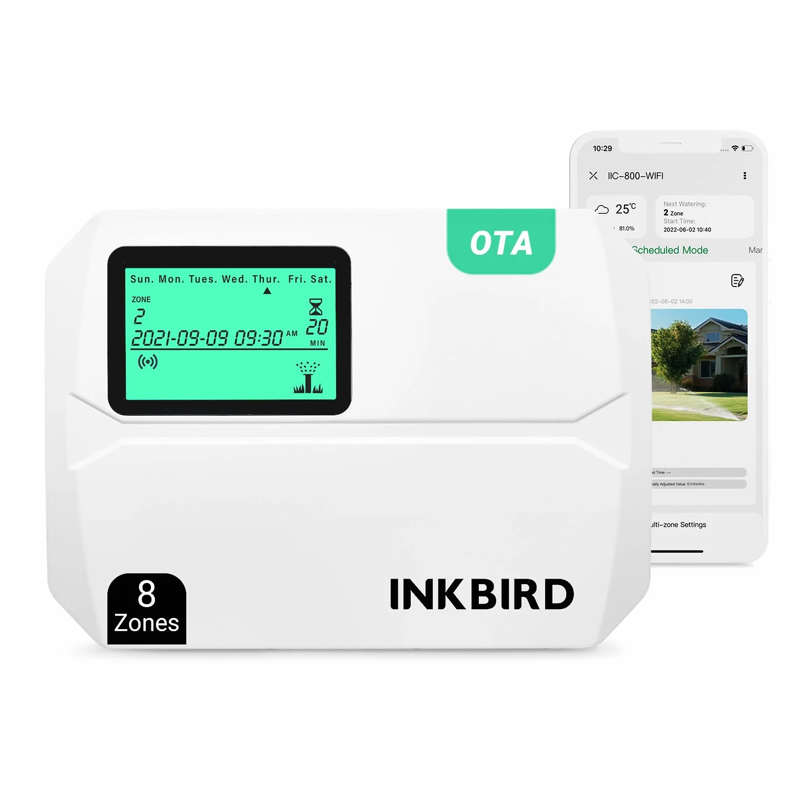Inkbird IIC-800-WIFI 8-strefowy komputer nawadniający, system nawadniania, sezonowe dostosowanie, z osłoną odporną na warunki atmosferyczne, omijanie deszczu
