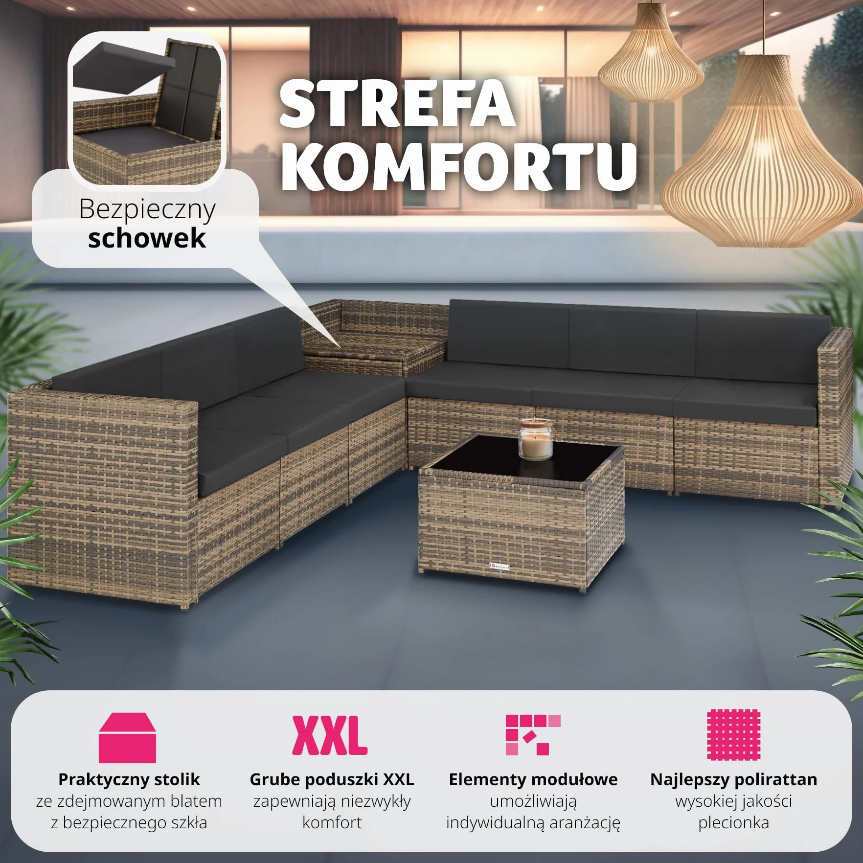 tectake Ogrodowy Zestaw Wypoczynkowy z Technorattanu Verona Stół ze Szkłem Wodoodporne Poszewki UV Odporny naturalny