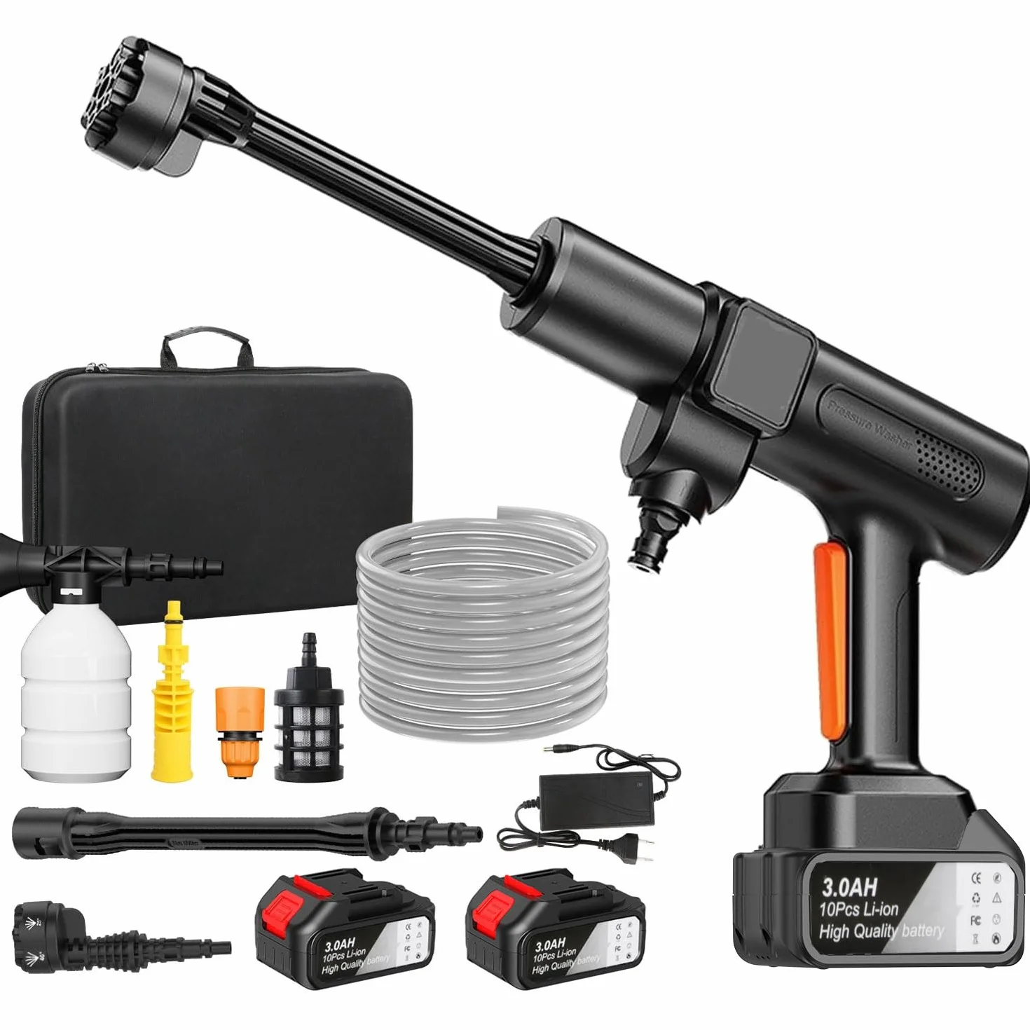 Akumulatorowa myjka wysokociśnieniowa 200 bar 21 V 3000 mAh dysza 6 w 1 wąż 5 m z wyświetlaczem LCD czarna