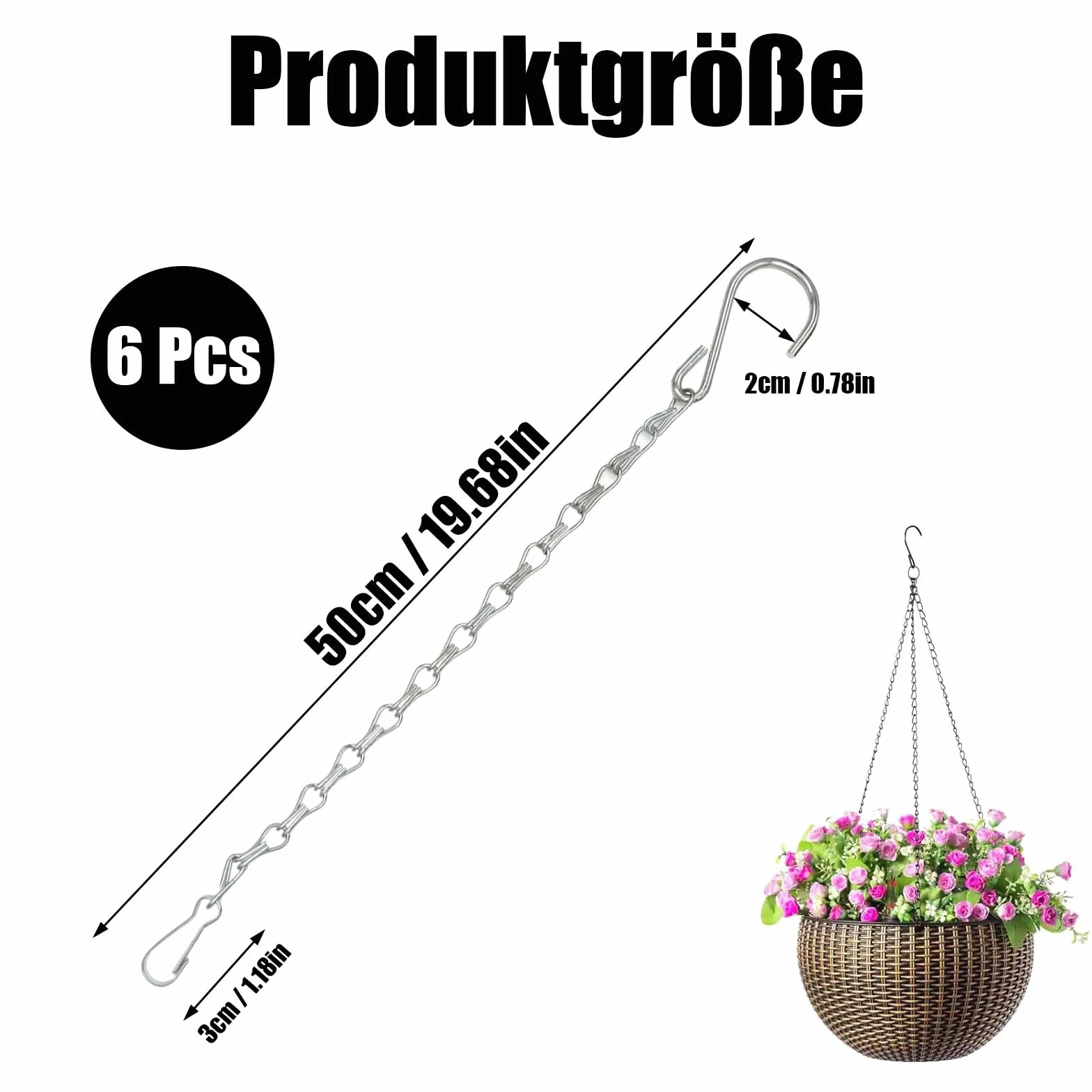 metalowy łańcuch wiszący na kwiaty 50 cm zestaw 6 sztuk