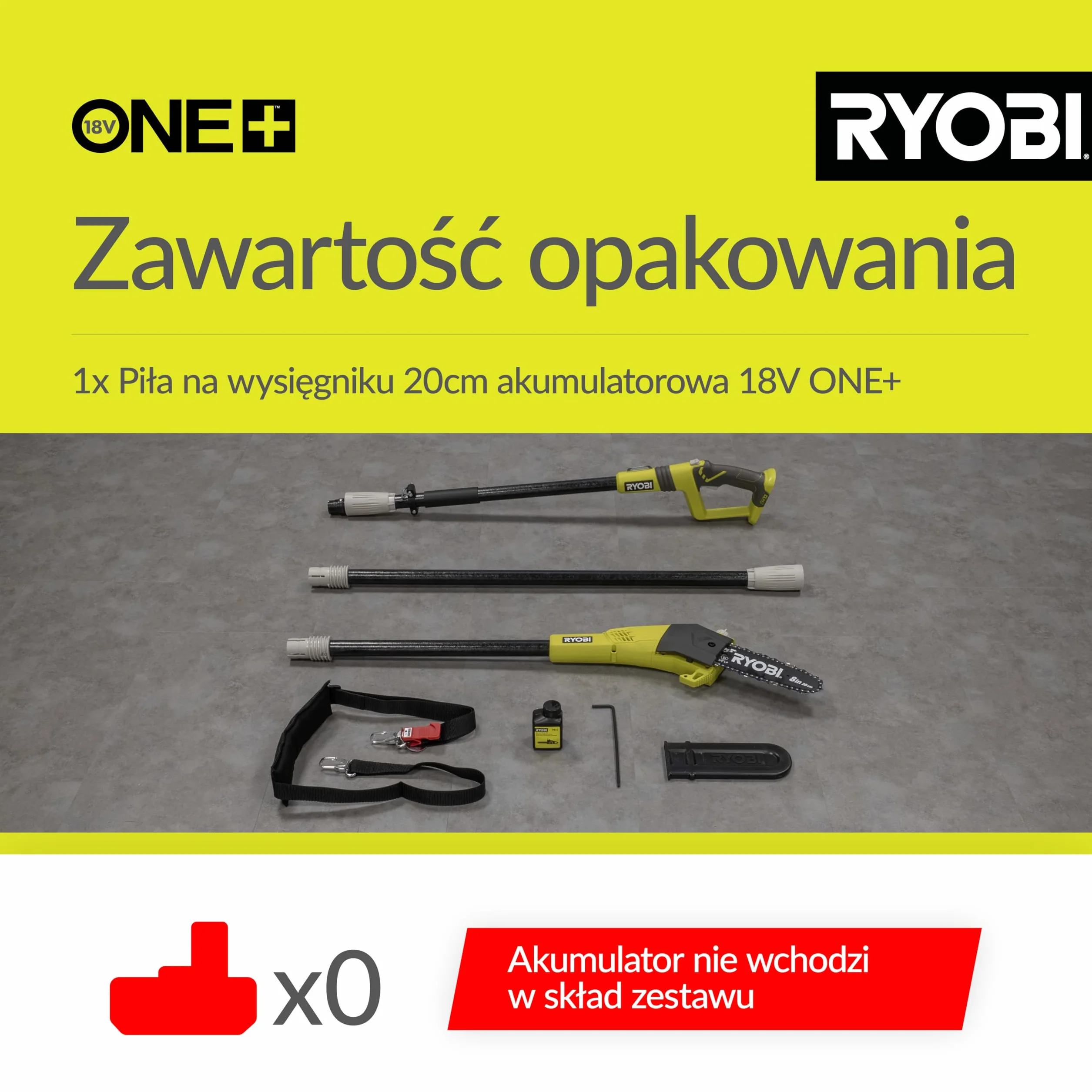 Ryobi Pilarka do Gałęzi 18 V OPP1820 Wysięgnik Długość Prowadnicy 20 cm Regulowana Długość Trzonka 3 m bez Akumulatora