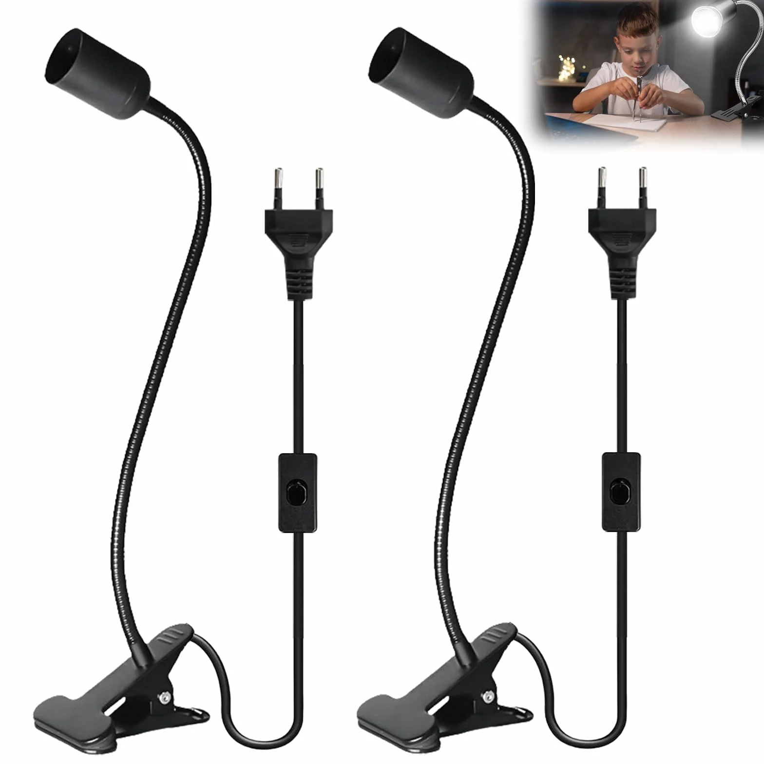 GBKDQQ Oprawka do lampy E27 z klipsem, lampa zaciskowa z przełącznikiem i wtyczką, lampa zaciskowa z regulowaną 360° łabędzią szyją, oprawa E27 do lampy typu łabędzia szyja, lampa biurkowa, lampka do