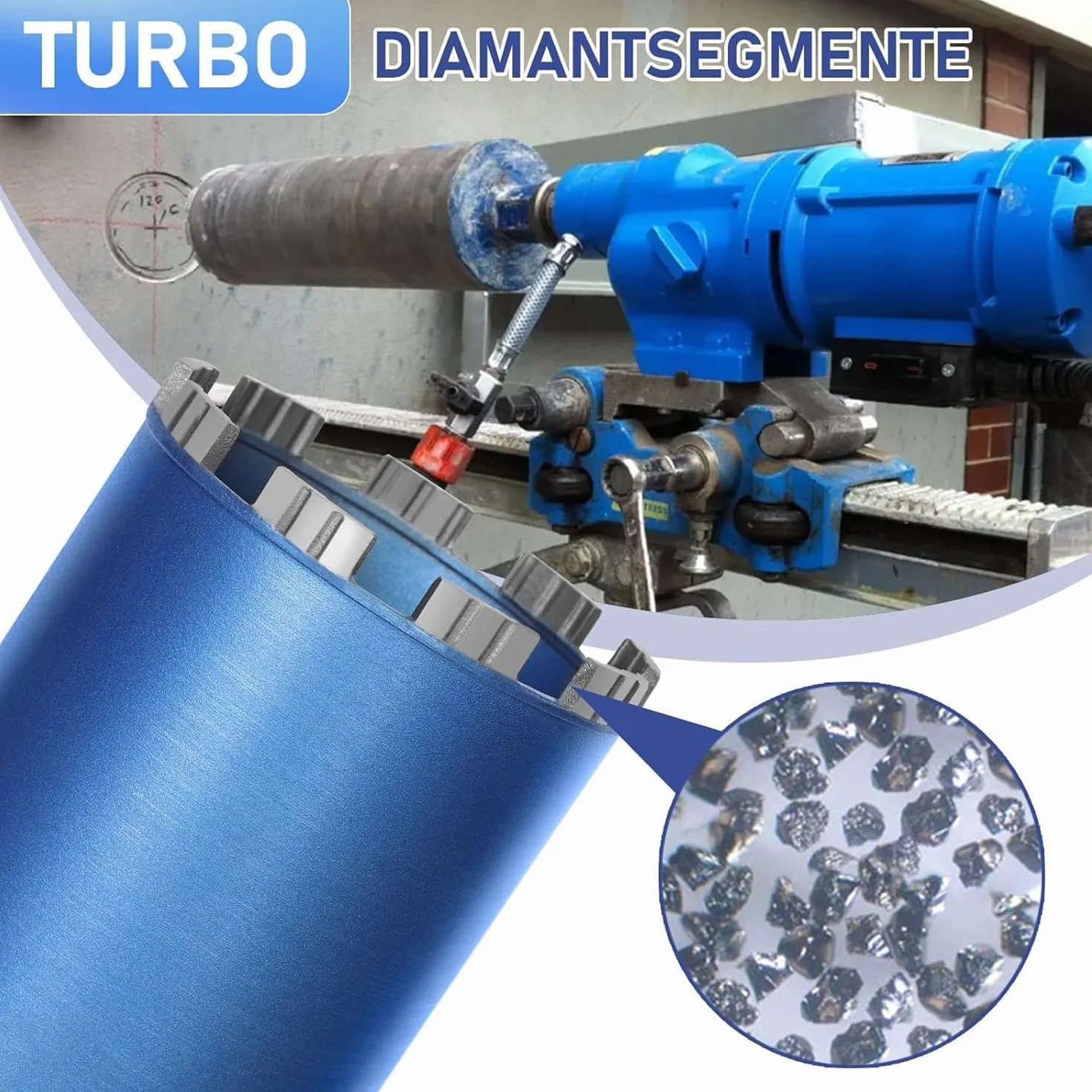 Diamentowa koronka wiertnicza pogłębiacz puszek do wiertarek rdzeniowych w zestawie 10 mm Turbo, L 460 mm | Ø 200 mm | adapter SDS-PLUS | 1 ¼ cala UNC | Wiertło rdzeniowe na mokro i sucho wiertło
