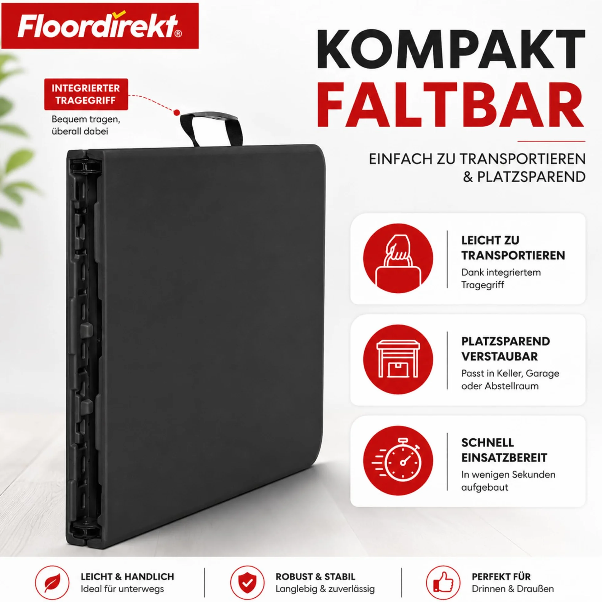 Floordirekt - Składany stół ogrodowy z tworzywa sztucznego 180 x 73 cm – stół bufetowy z uchwytem do noszenia – składany stół do ogrodu, na taras i balkon – stół kempingowy dla 6 osób (Kioto)