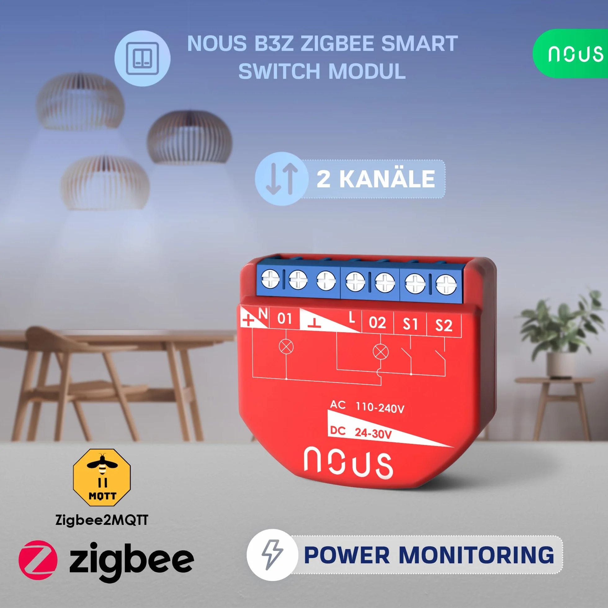 NOUS ZigBee Smart Switch moduły z pomiarem mocy, 2 kanały, AC 16 A/DC 10 A, suche styki, wymagany koncentrator 3.0, kompatybilny z Alexa, Zigbee2MQTT, Google Assistant, Home Assistant, Tuya