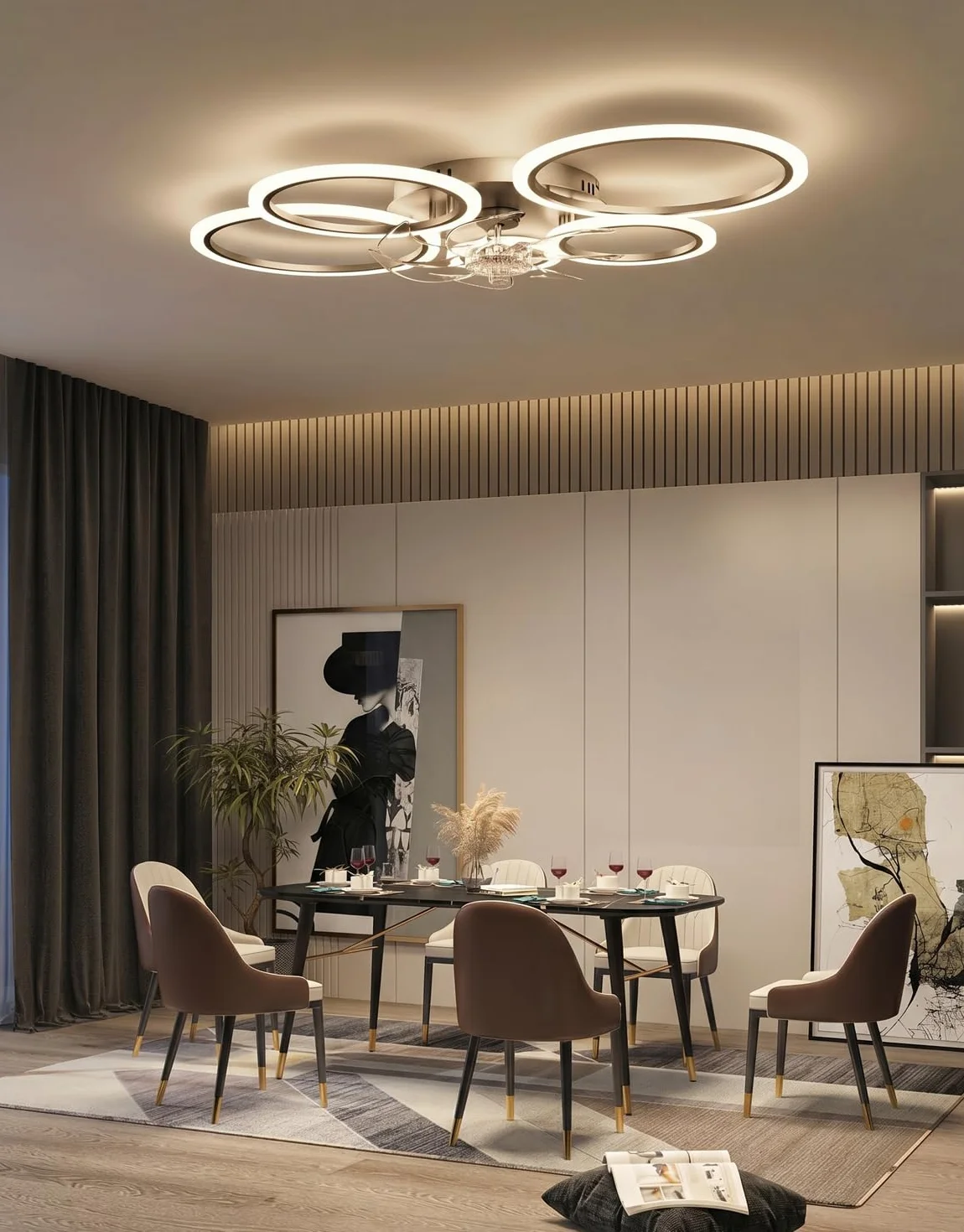 Lampa sufitowa z wentylatorem i pilotem zdalnego sterowania, cicha, ściemniana, 6 stopni, silnik DC, tryb zimowy, nowoczesny wentylator, lampa sufitowa, czarna