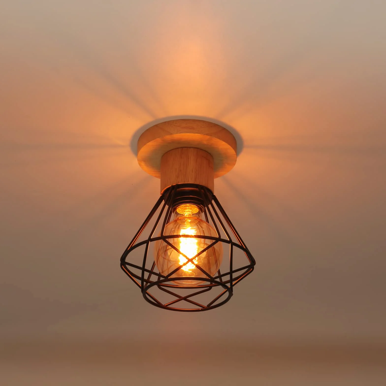 iDEGU Zestaw 2 lamp sufitowych przemysłowych, 16 cm Vintage E27 Retro żyrandol wisząca z żelaza i drewna Klatka Design Czarna lampa sufitowa do wejścia do przedpokoju sypialni kuchni