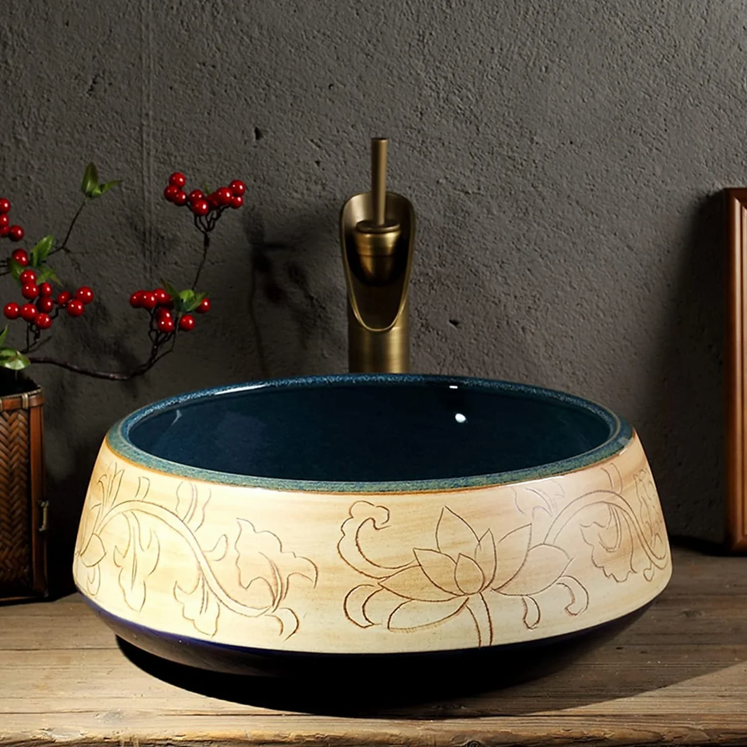 Ceramiczna Umywalka Łazienkowa, Ceramiczna Umywalka Nablatowa, Okrągła, Grawerowana Umywalka Łazienkowa, Artystyczna Umywalka Nablatowa 41 * 41 * 15 Cm, Minimalistyczna Umywal,Green Singlebasin