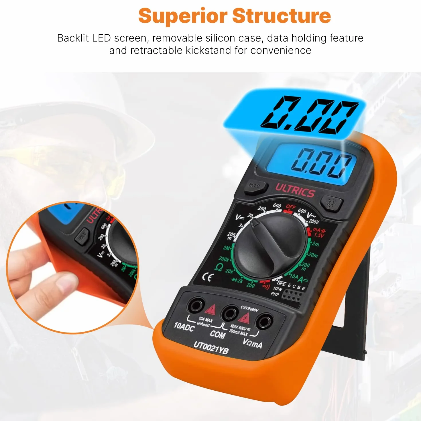 ULTRICS Multimetr Cyfrowy tester ciągłości, Automatyczn Multitester z Wyświetlacz LCD, Woltomierz z Podwójnymi Bezpiecznikami Przenośny Multimetr Mierzy OHM AC/DC Rezystancj Diody Ciągłości Tranzystor