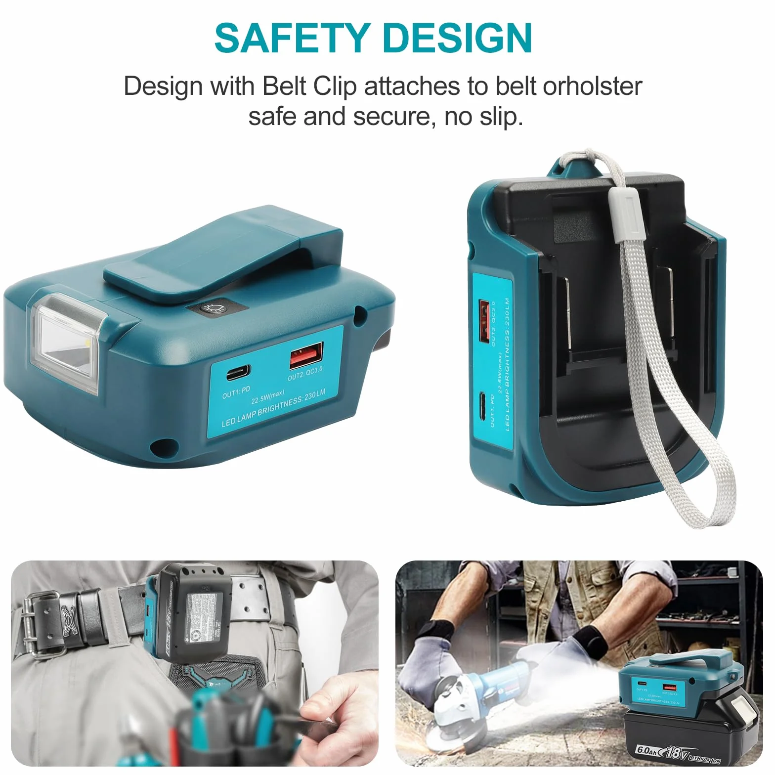 QUPERR- Adp05 Power Source Adapter do baterii roboczych do Makita 14,4 V i 18 V z parą interfejsu ładowania telefonu USB, z bezprzewodową latarką z portem DC（Adapter tylko）