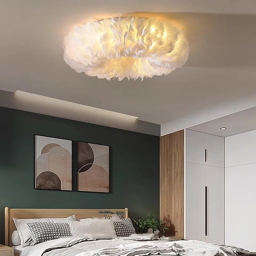Lampa Sufitowa Nowoczesna Z Abażurem Z Białymi Piórami - Przytulna Aranżacja Ze Ściemniaczem E27 - Oświetlenie Sufitowe Do Sypialni/Salonu Dziecięcego - Stylowa Dekoracja Wnętrz Domowych & Resta