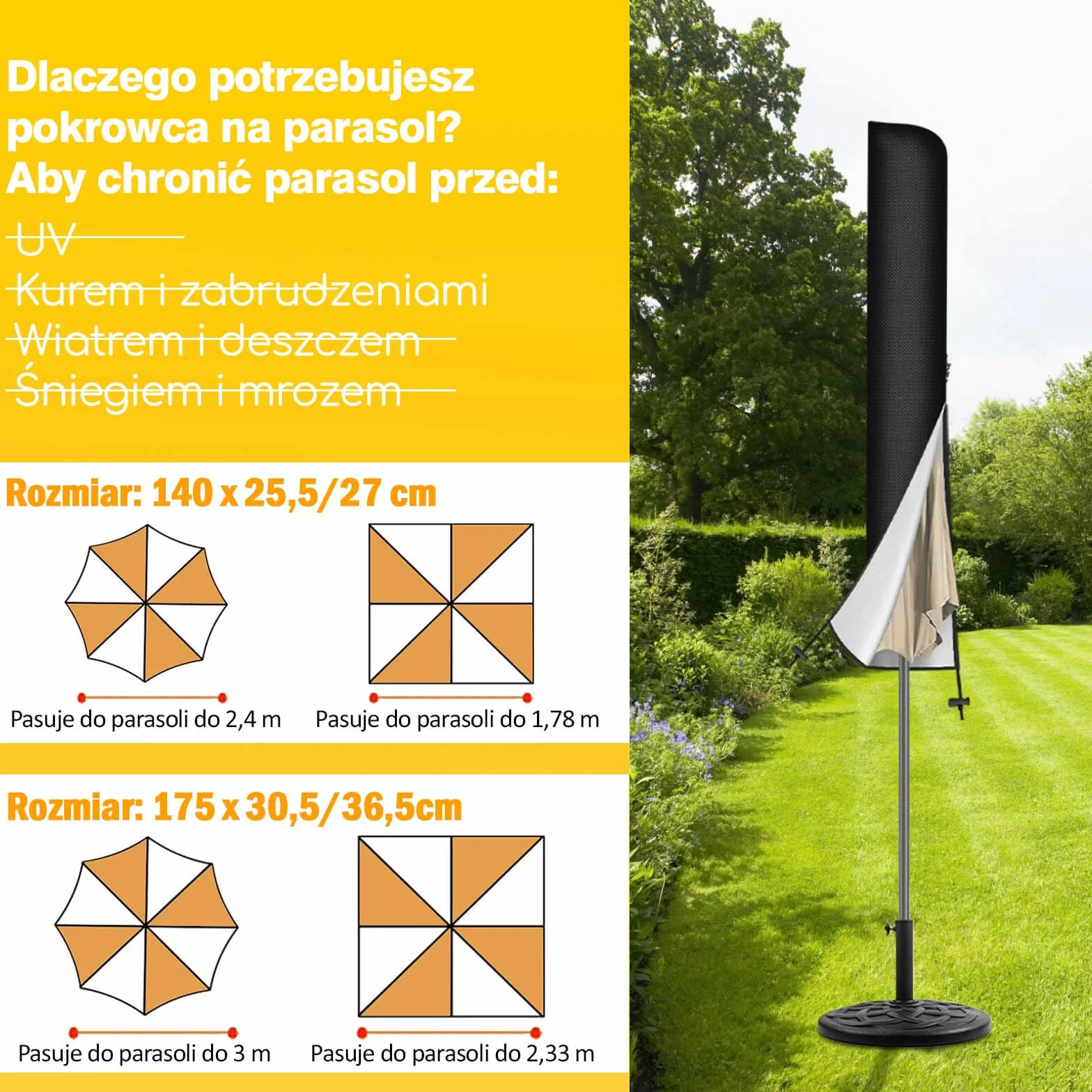 Reinalin Pokrowiec ochronny na parasol przeciwsłoneczny, wodoszczelny, odporny na działanie promieni UV, wiatroszczelny i odporny na śnieg (czarny, 140 x 25,5/27 cm)