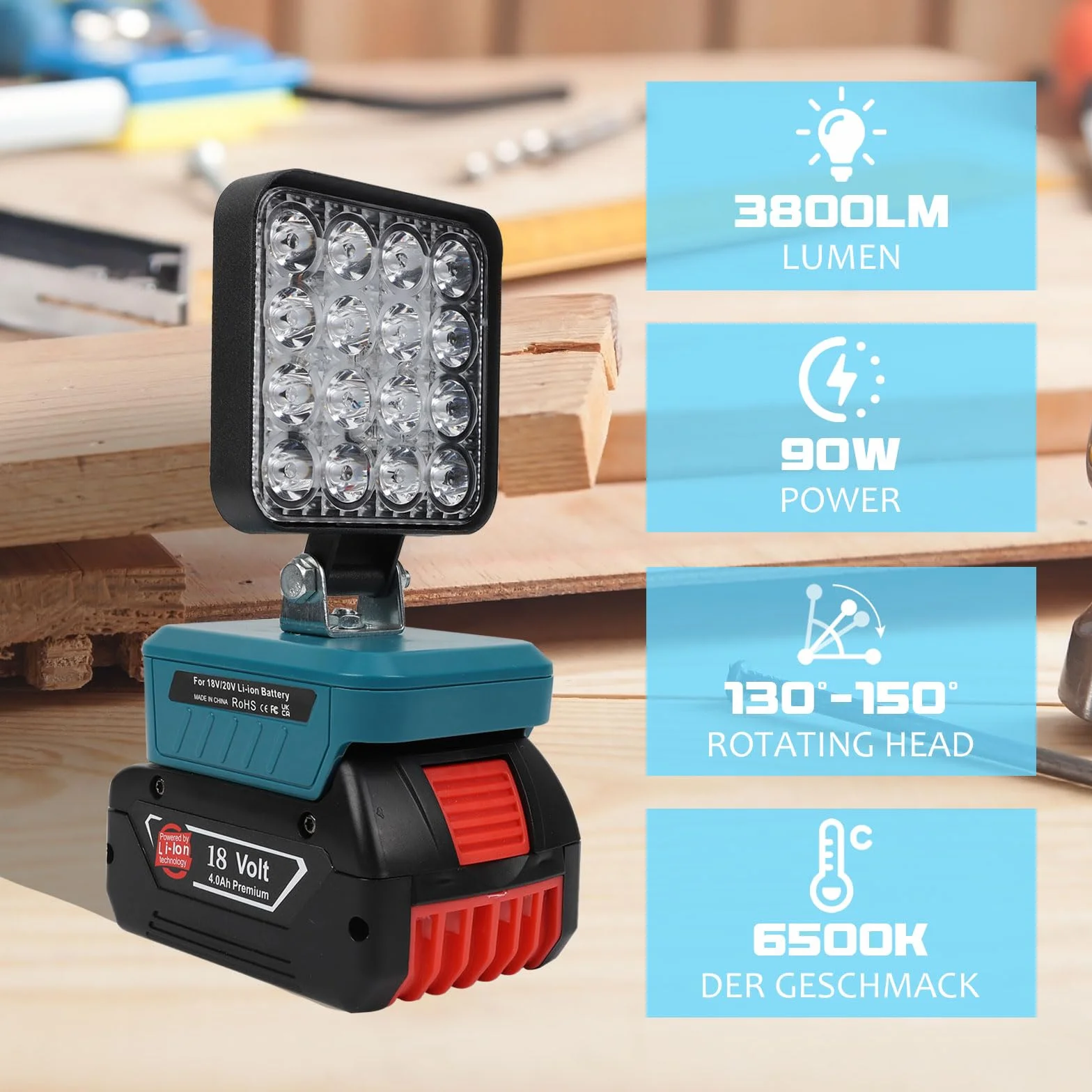 BOSCH reflektor LED akumulatorowy 18 V, lampa kempingowa, 48 W, 6000 lm, lampa robocza LED, typ C/USB, ochrona niskiego napięcia, do garażu, na kemping, plac budowy