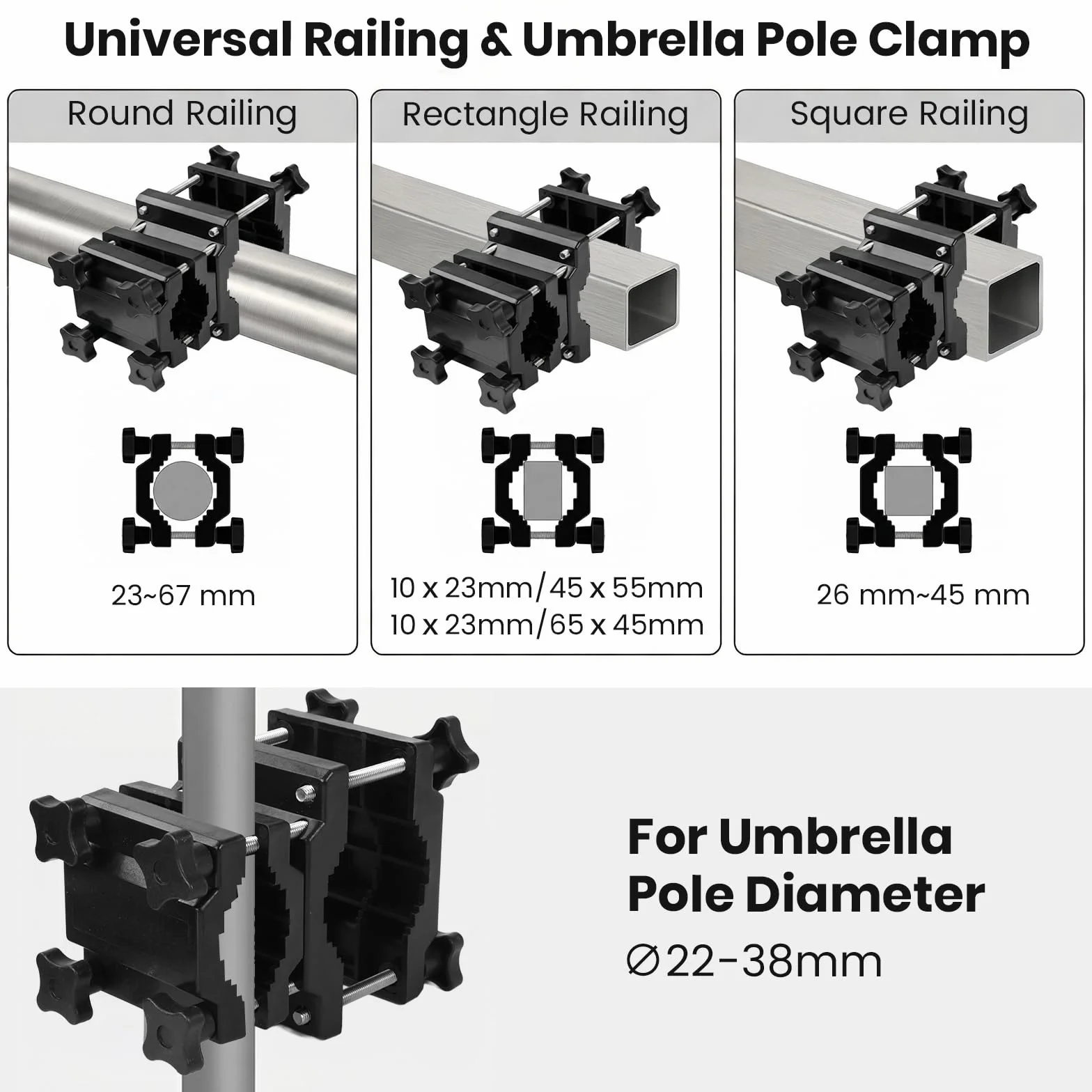 Uchwyt na parasol przeciwsłoneczny, poręcz balkonowa – regulowany, uniwersalny uchwyt na parasol Ø 22-38 mm, pasuje do prostokątnych (25-60 mm) i okrągłych (Ø 25-40 mm), duża siła zacisku i wysoka