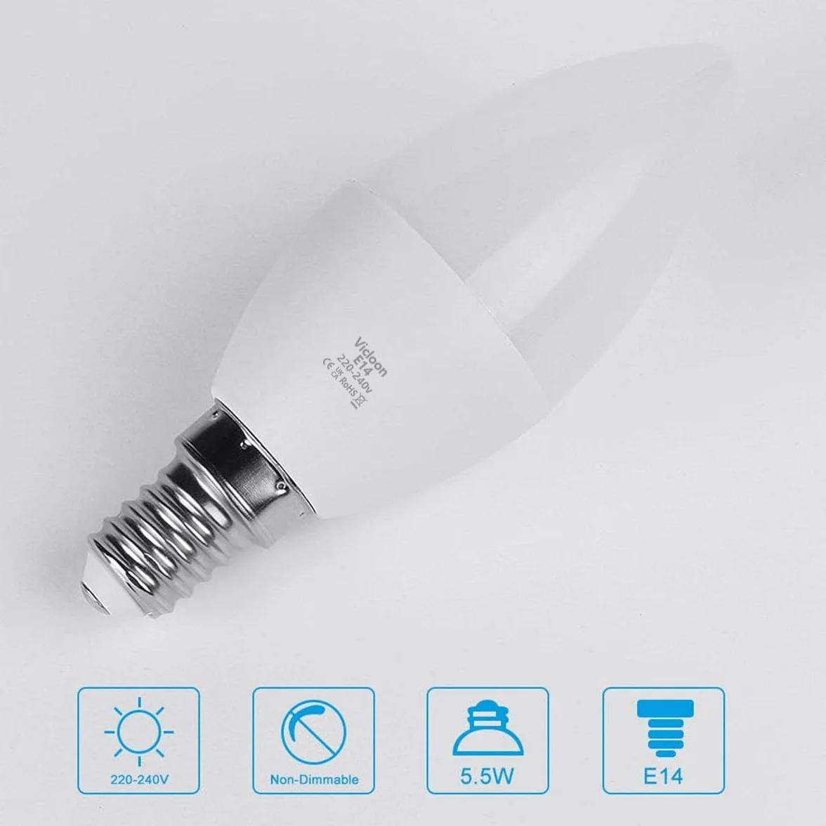 Vicloon Żarówka LED E14, 5,5 W, 550 lm, 3000 K, ciepła biel, żarówka LED C37 zastępuje żarówkę halogenową 50 W, AC 220-240 V, kąt świecenia 270°, bez możliwości ściemniania E14
