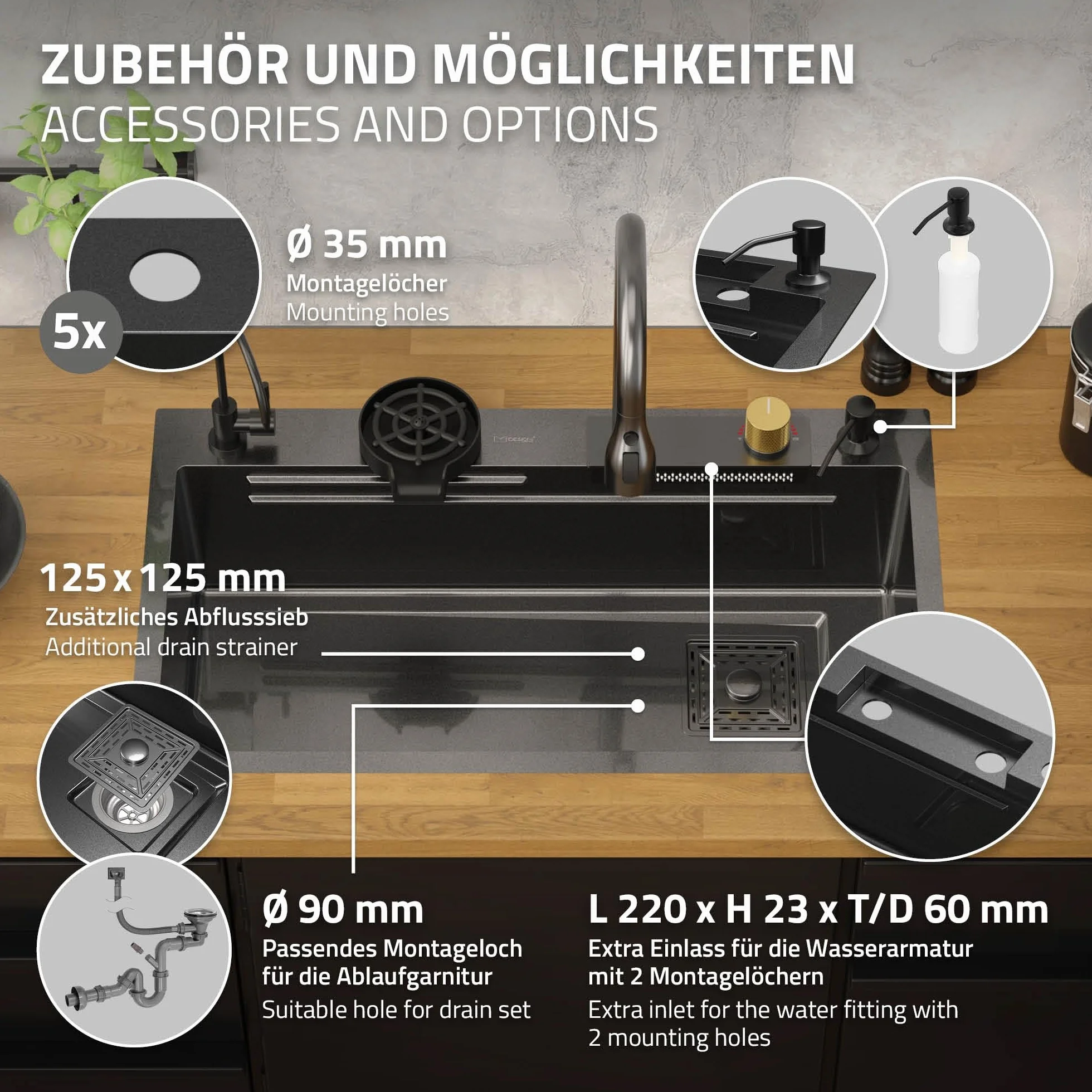 ML-Design Zlewozmywak antracytowy ze stali nierdzewnej 80x46 cm, prostokatny model kuchenny z bateria, podblatowa umywalka z syfonem
