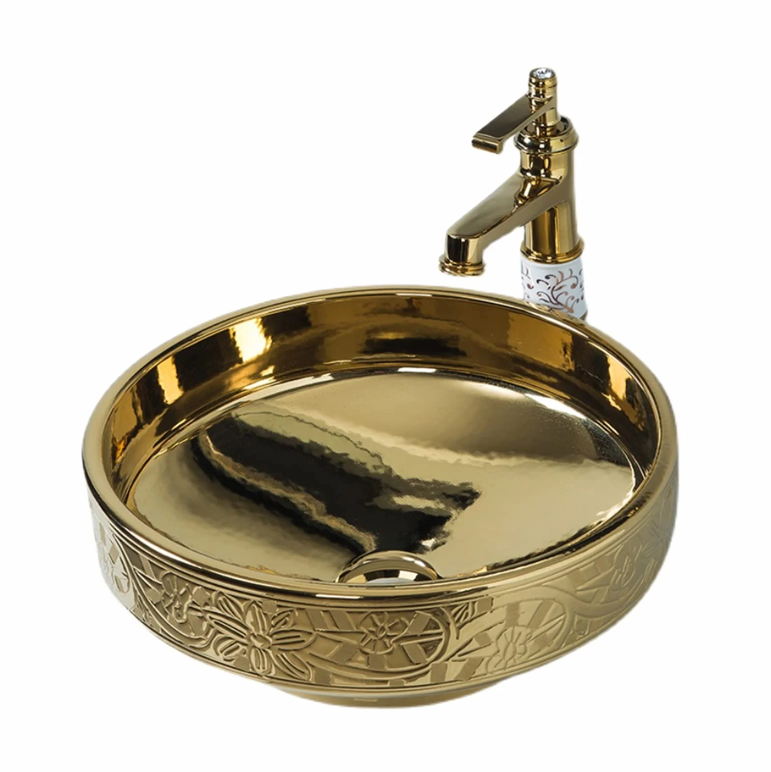 Złota Luksusowa Umywalka Nablatowa, Okrągła Umywalka Łazienkowa Z Porcelany Artystycznej, Umywalka Artystyczna Z Kranem I Odpływem, Ceramiczna Umywalka Nablatowa