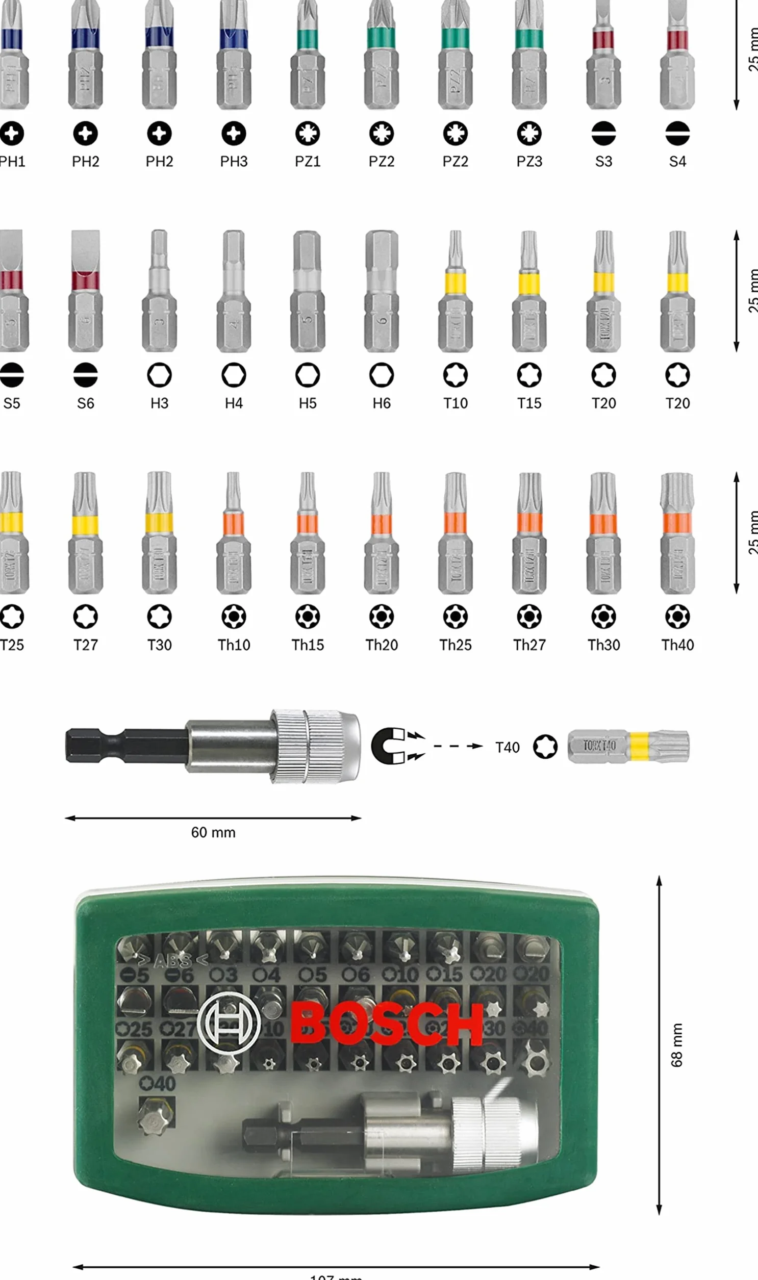 Bosch Professional 32-częściowy zestaw bitów do wkrętarek (bity PH, PZ, sześciokątne, T, TH, S, osprzęt do wiertarki i wkrętarki)