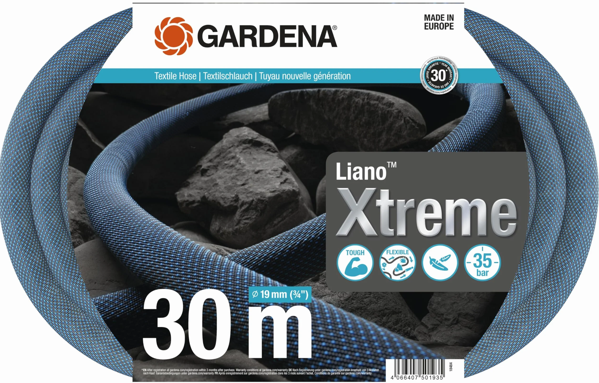 Gardena Liano Xtreme, 3/4 cala, zestaw 30 m: Wytrzymały wąż ogrodowy z materiału, do wew. kurków do wody, z wężem wewnętrznym PVC, niewielki ciężar, odporność na czynniki atmosferyczne (18484-20)