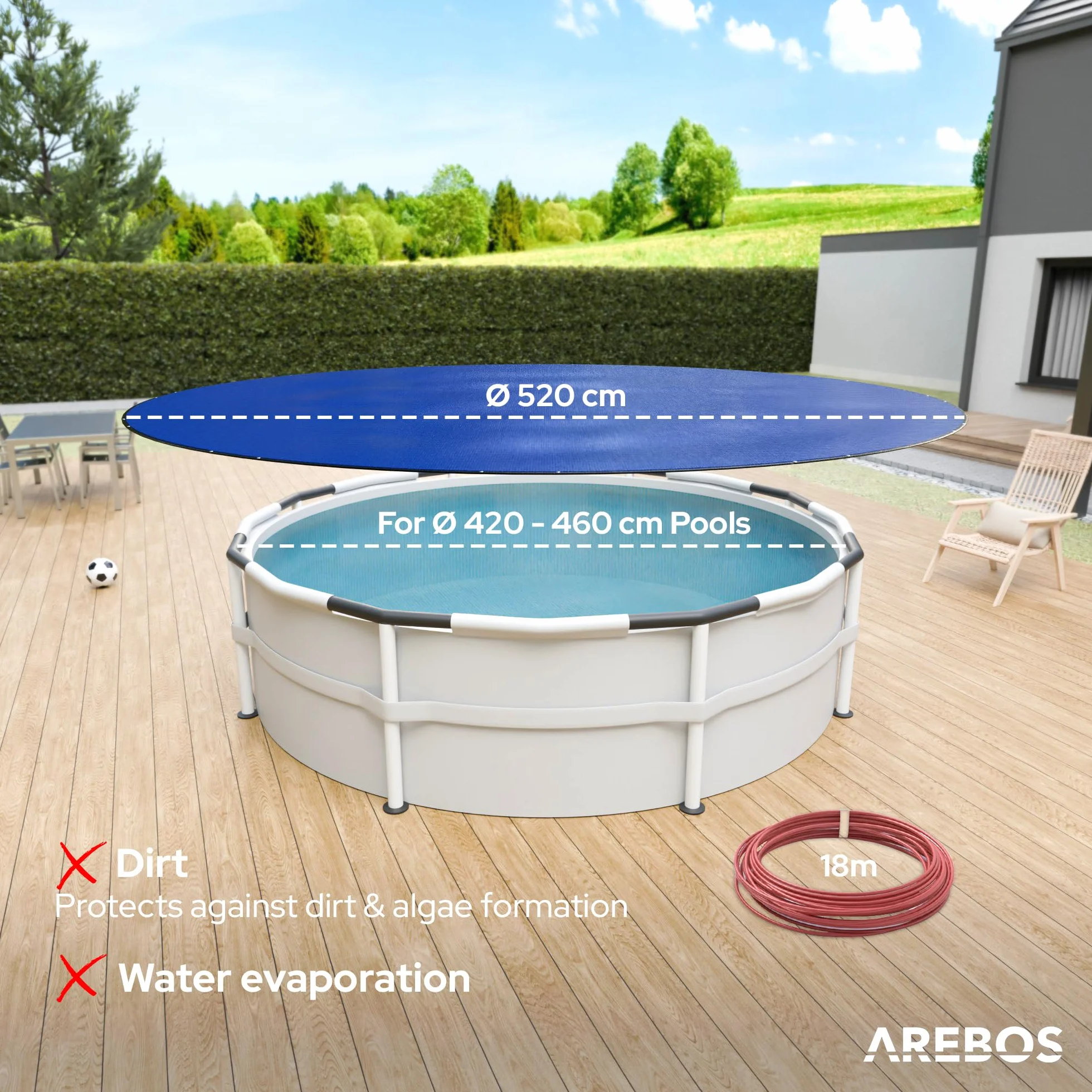 Arebos Okrągła Pokrywa Basenowa Ø 520 cm 2-w-1 PE 200g/m² Pasuje do Basenów Ø 420-460 cm