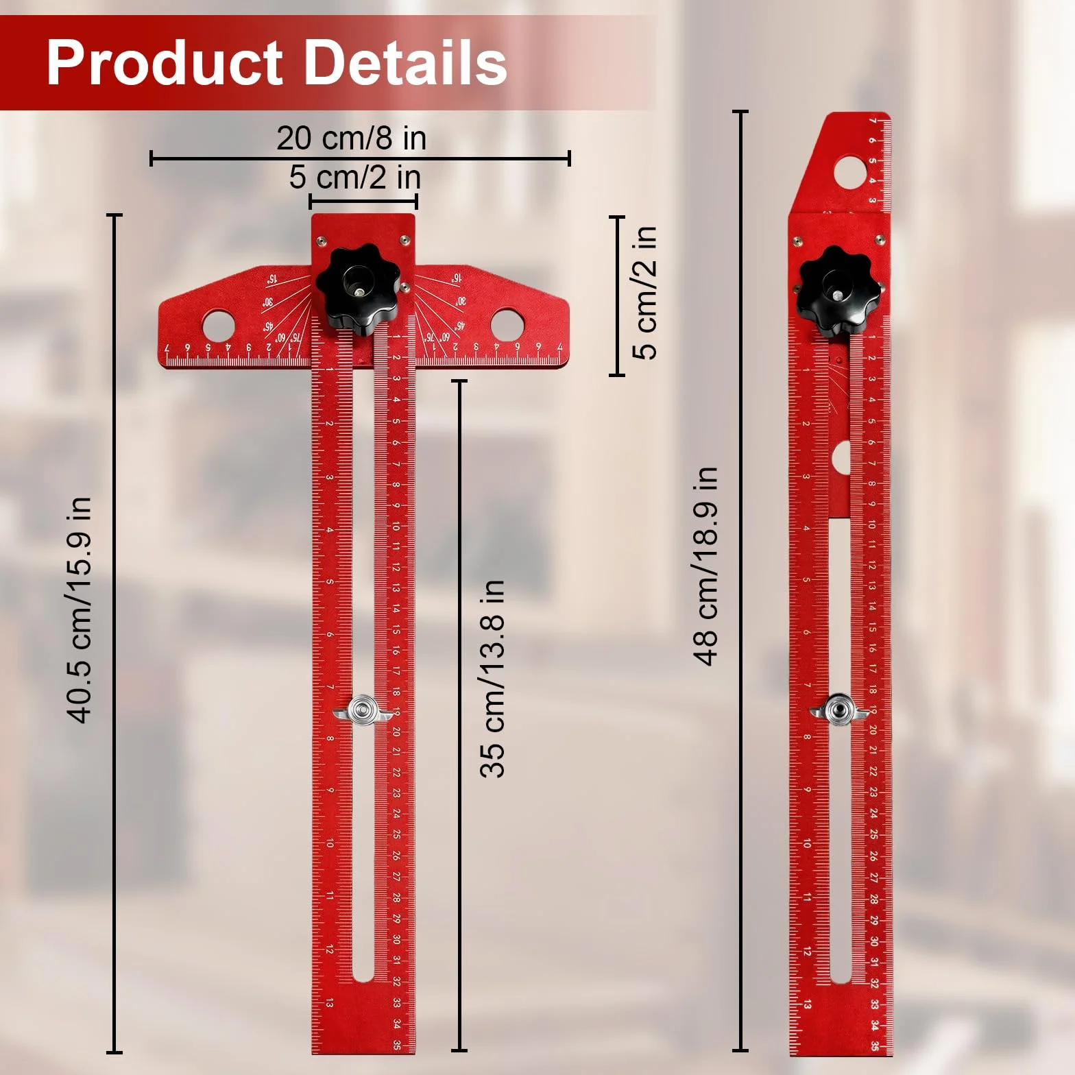 Flintronic Linijka T-Square, 350 mm, wielofunkcyjne narzędzie pomiarowe do obróbki drewna, regulowany kąt 0-180°, linijka do obróbki drewna z markerem głębokich otworów, ołówkiem i 12 wkładami
