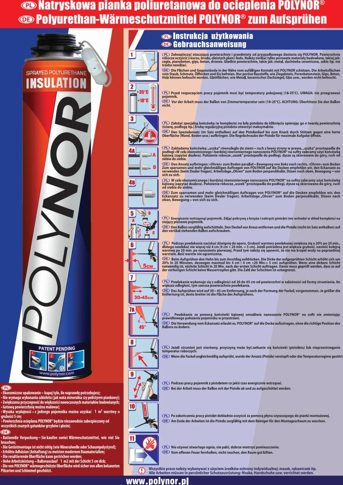 POLYNOR Izolacja Cieplna PUR w Puszce PRO - Zestaw - 24 Pianki - Pistolet do piany - Natryskowa Izolacja Termiczna - Izolacja Ścian, Dachów, Sufitów, Rur - Aerozol 750 ml