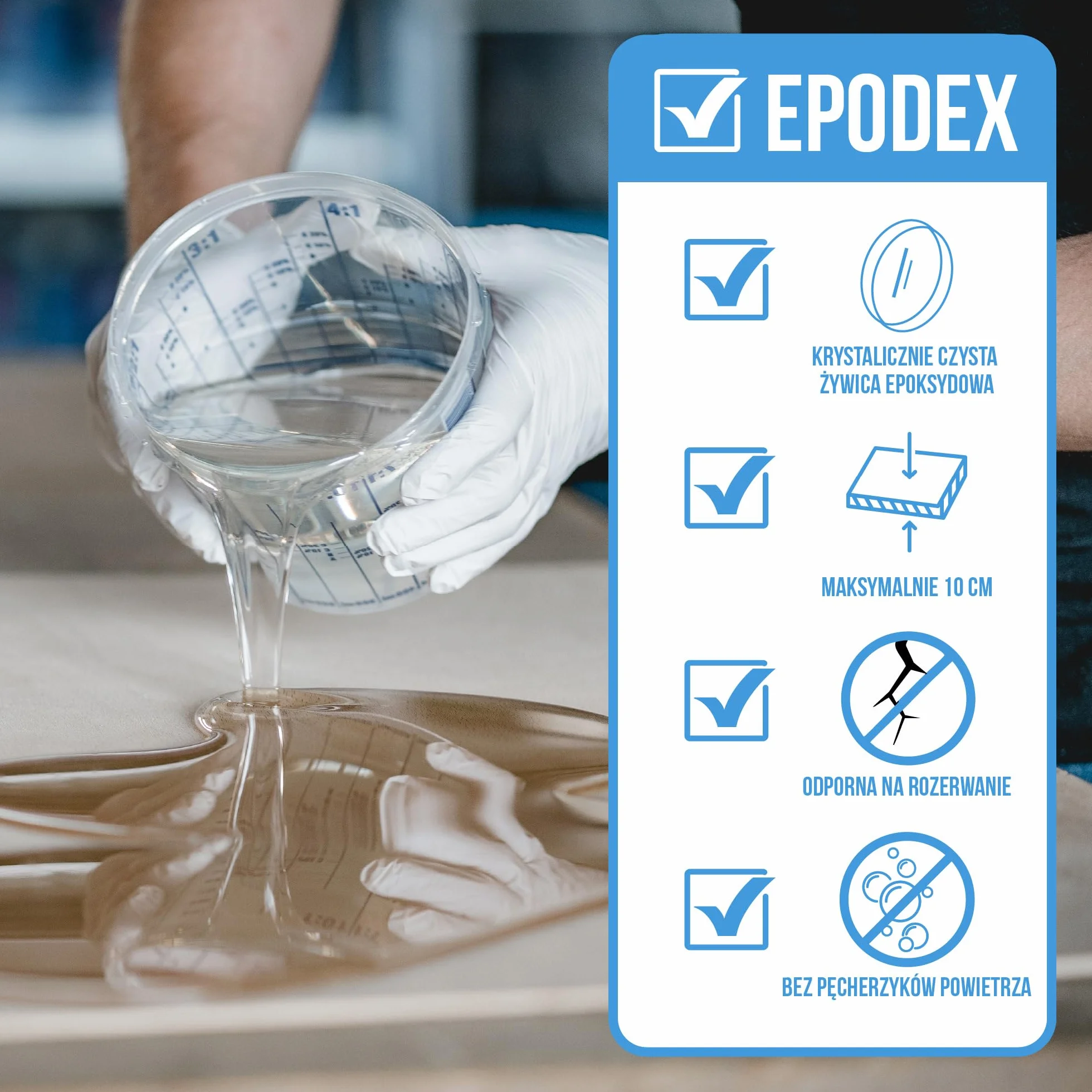 EPODEX Zestaw Żywicy Epoksydowej ECO MAX | Przezroczysta do zalewów do 10cm | Z pigmentami lub bez | Do stołów typu river table, lamp, wysokich projektów i innych zastosowań