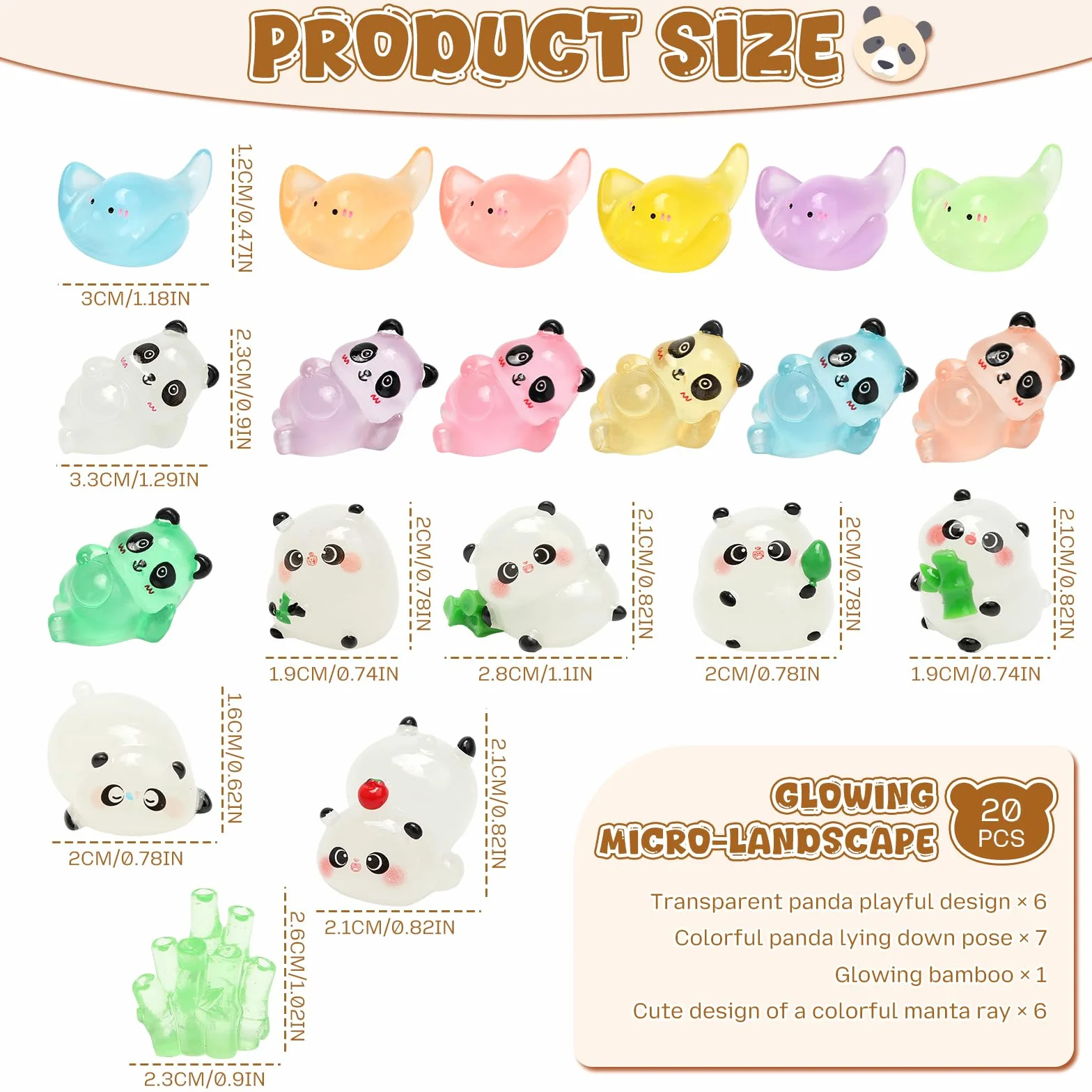 Mini zwierzęta z żywicy, 20 sztuk, zabawne mieszane małe zwierzęta z żywicy, urocze, świecące w ciemności, Manta, Ray, Panda, małe figurki, ornamenty do ogrodu wróżek, domku dla lalek, akwarium