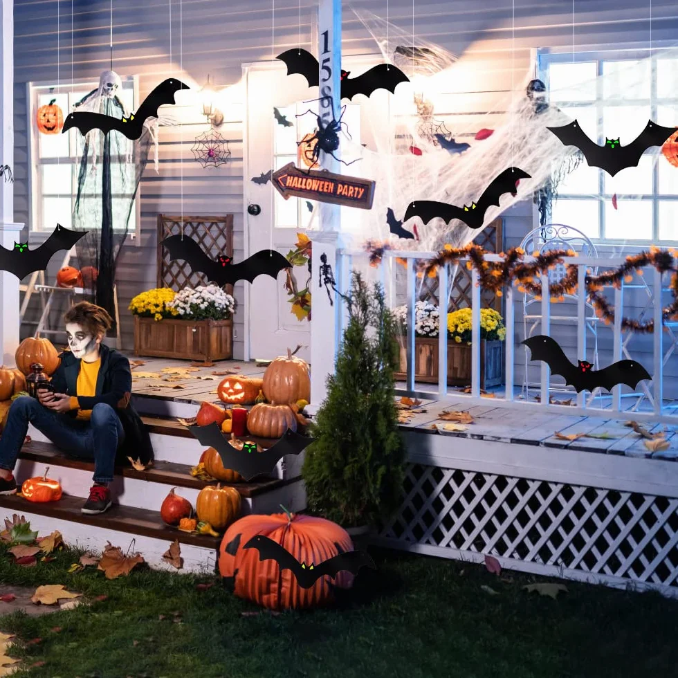 DTYDECLE 12 szt. wiszących nietoperzy na Halloween, latający nietoperz, wiszące dekoracje ze świecącymi oczami na Halloween, dekoracja na zewnątrz, podwórko, artykuły dekoracyjne