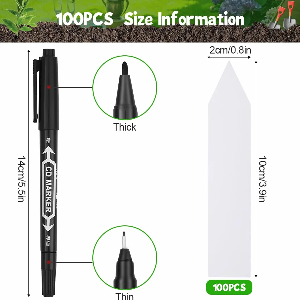 100 szt. białe plastikowe etykiety na rośliny, 10x2 cm, etykiety z nazwami roślin, wielokrotnego użytku, etykiety na rośliny do uprawy na zewnątrz, wodoodporne, etykiety ogrodowe na nasiona